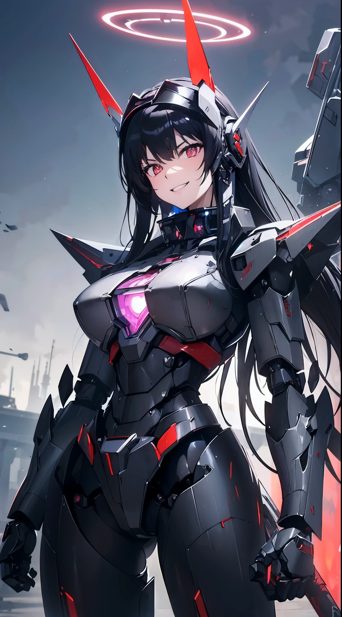 Machine eyes glowing red、evil smile