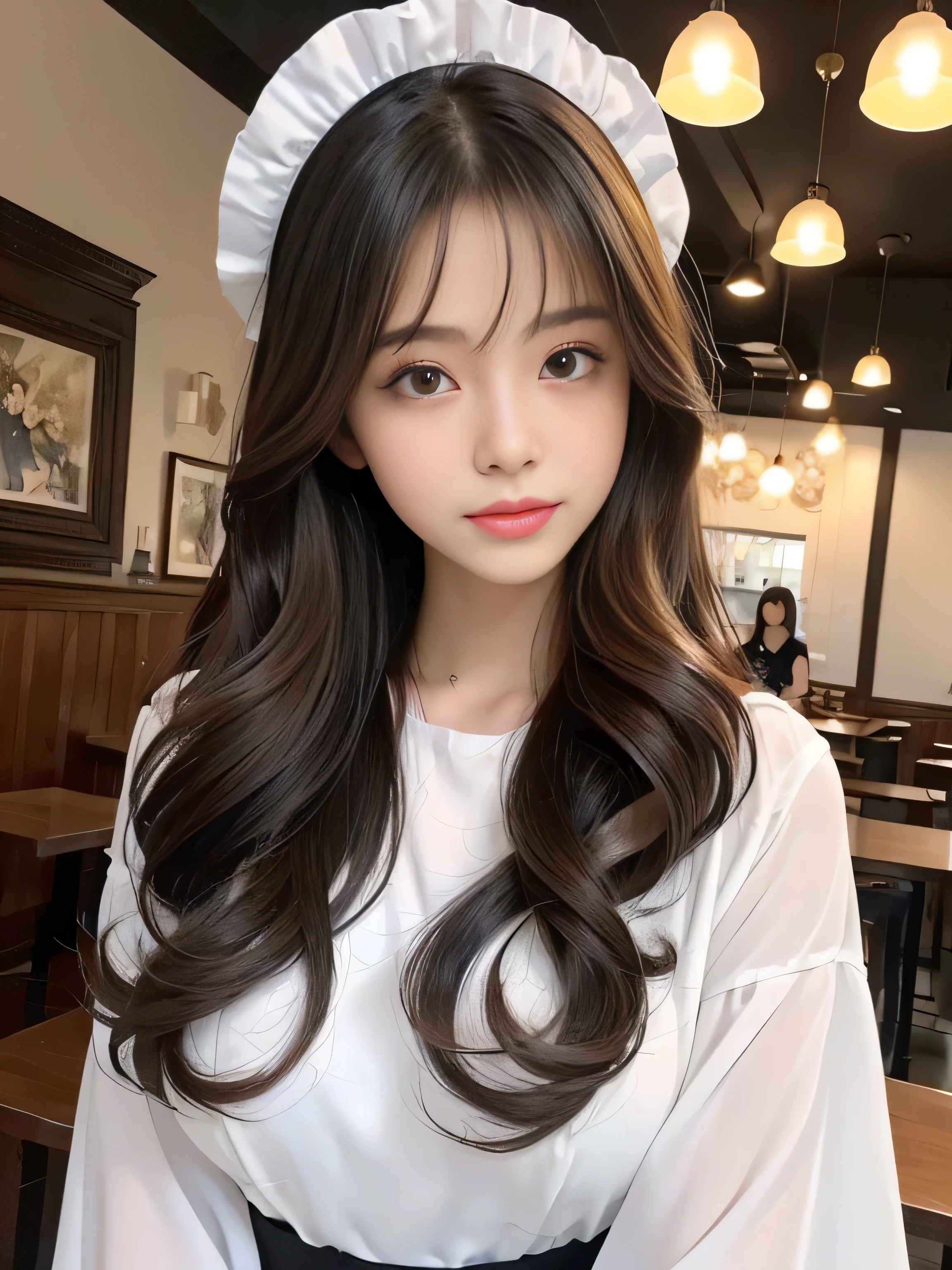 １woman　(She poses in a cafe, showing as much hair as possible.:1.5)　((Black and white maid dress and a hat, Maid outfit, Maiddress, Catboy Cosplay! Maid! dress, anime girl in a Maid costume, Maid costume, anime cat girl in a Maid costume, black gothic lolita dress, gorgeous Maid, wearing Maid uniform, Lolita Style, High Quality Costume, Anime Girl Cosplay, Maid))　(((Her hair color is light brown:1.8!!!!!!!!!)))　(Cute smile)　(Big Breasts:1.4)　((highest quality)), ((masterpiece)), (Familiar), (Get used to it)　((Her hair is very straight!!!))　(Her bangs are neatly trimmed in a hime cut.)　(highest qualityのライトブラウンヘア　long hair to the ankles!!!!!　highest quality　Highest detail　long hair to the ankles!!!!!、Very long and lasting hair!!!!!　Flowing hair　Amazingly straight hair　Very shiny and thick hair　Abnormally long hair that lasts forever!!!!!　Flowing hair on both ends!!!!!　long hair to the ankles!!!!!　long hair to the ankles!!!!!　Thick and shiny hair　Very free hair　Abnormally long hair!!!!!　Beautiful silky hair　Beautiful and shiny hair　Beautiful and shiny hair　Beautiful silky hair　long hair to the ankles!!!!!　Very long hair!!!!!　Very long hair!!!!!)　(highest quality　The best ultra-fine　long hair to the ankles!!!!!、Very long hair that lasts forever　Flowing hair　Her hair is Amazingly straight!!!!!　Very shiny and thick hair　Abnormally long hair that lasts forever!!!!!　Flowing hair on both ends　long hair to the ankles!!!!!　Thick and shiny hair　Very free hair　Abnormally long hair!!!!!　Beautiful silky hair　long hair to the ankles!!!!!　Beautiful and shiny hair　Beautiful and shiny hair　Beautiful silky hair　long hair to the ankles!!!!!　Very very, Very long hair!!!!!　Very very, Very long hair!!!!!)　(She is the most beautiful 24 year old professional maid cafe attendant in Japan......)　Perfect woman&#39;face　(She has a typical Japanese build and skin color..., Her skin is very high quality and ultra high definition.、very beautiful and glowing skin)　(Her face is dignified and sexy)（She achieved her sexy look with the help of a professional makeup artist.。...　Lipstick is natural red　The eyeliner is a beautiful black)　(She has a typical Japanese build and skin color　Her skin is very delicate and sensitive..、and、Such beautiful and radiant skin)　(Her face is long, Small eyes and nose.、Narrow-mouthed　and the most beautiful)　((Rich 1.4))　(Extremely detailed 8K)　(Ultra-fine skin texture 1.4)　(Actual, Vibrant:1.4), 　Sharp focus:1.2、Beautiful woman:1.4　Dynamic Lighting　(Genuine RAW photos taken by professional photographers)　very beautiful and glowing skin)　(Her face shape is thinner than average:1.4)　Lipstick is natural red　The eyeliner is a beautiful black)　(Surreal photos by professional photographers :1.2)　(highest qualityのライトブラウンヘア　long hair to the ankles!!!!!　highest quality　Highest detail　long hair to the ankles!!!!!、Very long and lasting hair!!!!!　Flowing hair　Amazingly straight hair　Very shiny and thick hair　Abnormally long hair that lasts forever!!!!!　Flowing hair on both ends!!!!!　long hair to the ankles!!!!!　long hair to the ankles!!!!!　Thick and shiny hair　Very free hair　Abnormally long hair!!!!!)