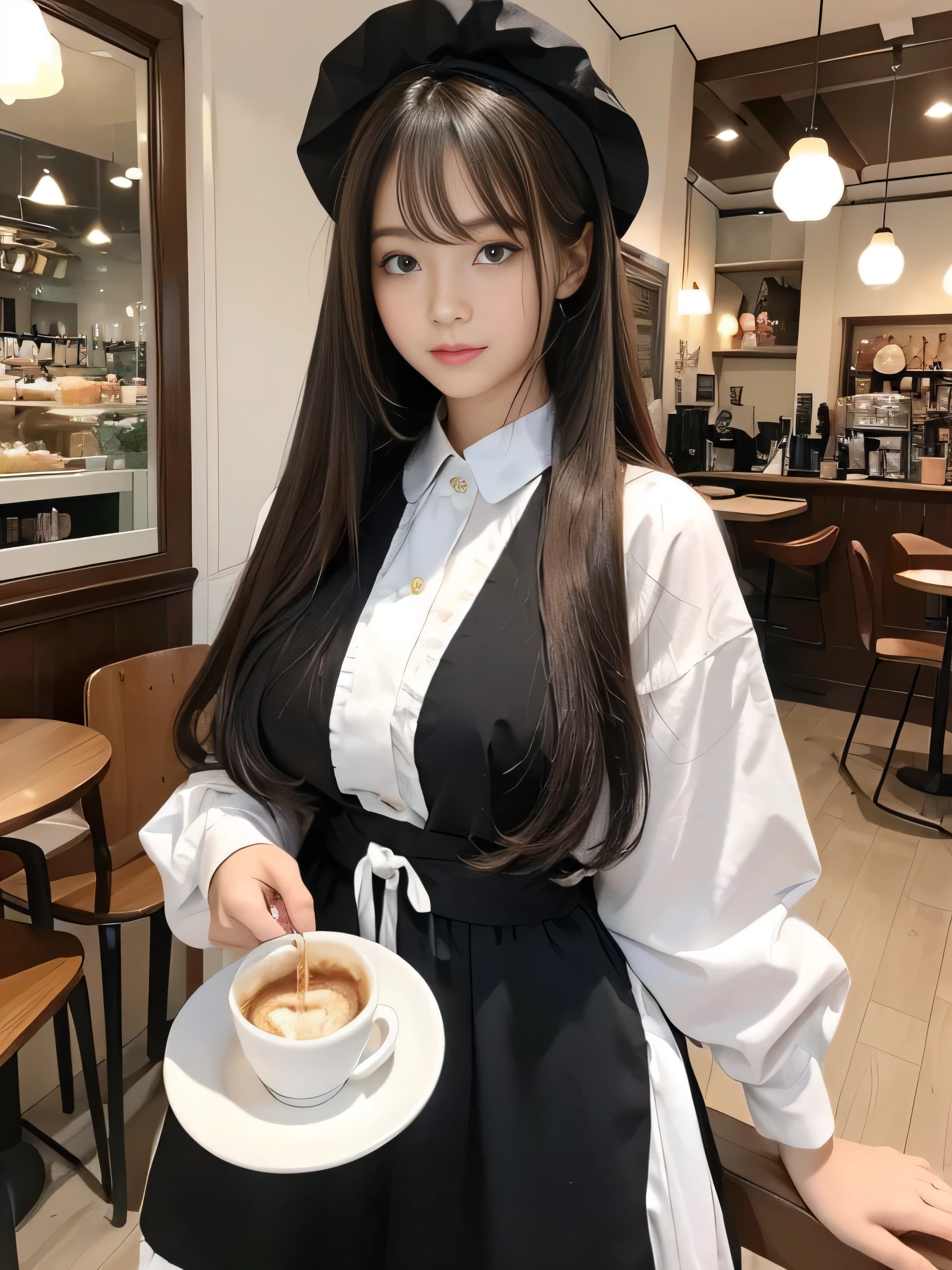 １woman　(She poses in a cafe, showing as much hair as possible.:1.5)　((Black and white maid dress and a hat, Maid outfit, Maiddress, Catboy Cosplay! Maid! dress, anime girl in a Maid costume, Maid costume, anime cat girl in a Maid costume, black gothic lolita dress, gorgeous Maid, wearing Maid uniform, Lolita Style, High Quality Costume, Anime Girl Cosplay, Maid))　(((Her hair color is light brown:1.8!!!!!!!!!)))　(Cute smile)　(Big Breasts:1.4)　((highest quality)), ((masterpiece)), (Familiar), (Get used to it)　((Her hair is very straight!!!))　(Her bangs are neatly trimmed in a hime cut.)　(highest qualityのライトブラウンヘア　long hair to the ankles!!!!!　highest quality　Highest detail　long hair to the ankles!!!!!、Very long and lasting hair!!!!!　Flowing hair　Amazingly straight hair　Very shiny and thick hair　Abnormally long hair that lasts forever!!!!!　Flowing hair on both ends!!!!!　long hair to the ankles!!!!!　long hair to the ankles!!!!!　Thick and shiny hair　Very free hair　Abnormally long hair!!!!!　Beautiful silky hair　Beautiful and shiny hair　Beautiful and shiny hair　Beautiful silky hair　long hair to the ankles!!!!!　Very long hair!!!!!　Very long hair!!!!!)　(highest quality　The best ultra-fine　long hair to the ankles!!!!!、Very long hair that lasts forever　Flowing hair　Her hair is Amazingly straight!!!!!　Very shiny and thick hair　Abnormally long hair that lasts forever!!!!!　Flowing hair on both ends　long hair to the ankles!!!!!　Thick and shiny hair　Very free hair　Abnormally long hair!!!!!　Beautiful silky hair　long hair to the ankles!!!!!　Beautiful and shiny hair　Beautiful and shiny hair　Beautiful silky hair　long hair to the ankles!!!!!　Very very, Very long hair!!!!!　Very very, Very long hair!!!!!)　(She is the most beautiful 24 year old professional maid cafe attendant in Japan......)　Perfect woman&#39;face　(She has a typical Japanese build and skin color..., Her skin is very high quality and ultra high definition.、very beautiful and glowing skin)　(Her face is dignified and sexy)（She achieved her sexy look with the help of a professional makeup artist.。...　Lipstick is natural red　The eyeliner is a beautiful black)　(She has a typical Japanese build and skin color　Her skin is very delicate and sensitive..、and、Such beautiful and radiant skin)　(Her face is long, Small eyes and nose.、Narrow-mouthed　and the most beautiful)　((Rich 1.4))　(Extremely detailed 8K)　(Ultra-fine skin texture 1.4)　(Actual, Vibrant:1.4), 　Sharp focus:1.2、Beautiful woman:1.4　Dynamic Lighting　(Genuine RAW photos taken by professional photographers)　very beautiful and glowing skin)　(Her face shape is thinner than average:1.4)　Lipstick is natural red　The eyeliner is a beautiful black)　(Surreal photos by professional photographers :1.2)　(highest qualityのライトブラウンヘア　long hair to the ankles!!!!!　highest quality　Highest detail　long hair to the ankles!!!!!、Very long and lasting hair!!!!!　Flowing hair　Amazingly straight hair　Very shiny and thick hair　Abnormally long hair that lasts forever!!!!!　Flowing hair on both ends!!!!!　long hair to the ankles!!!!!　long hair to the ankles!!!!!　Thick and shiny hair　Very free hair　Abnormally long hair!!!!!)