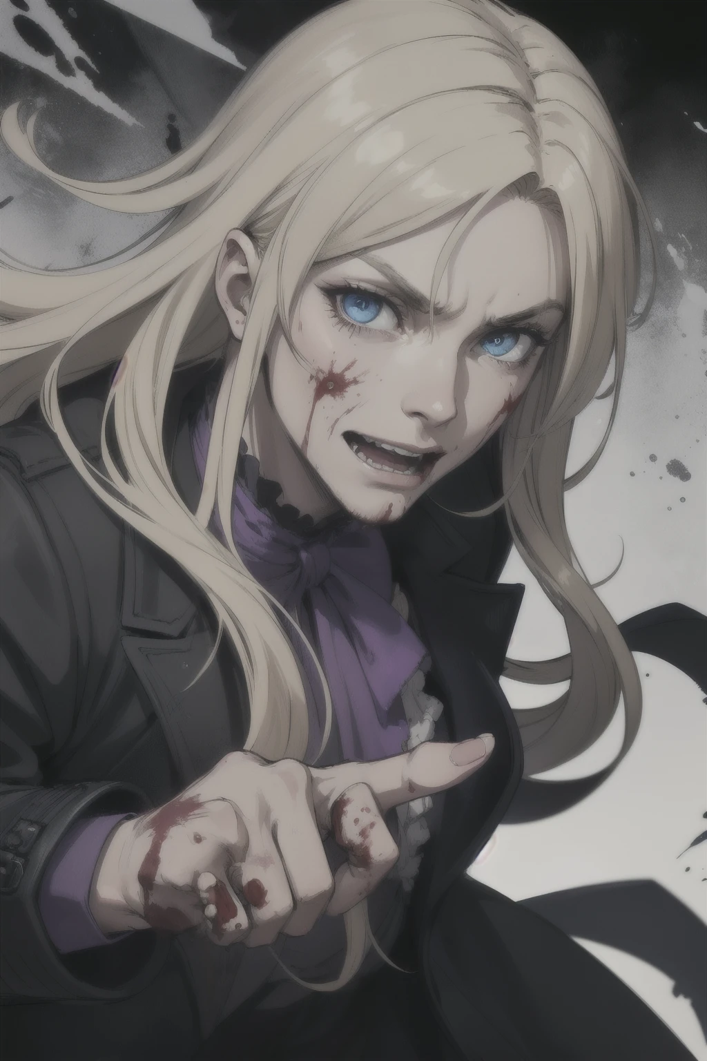 (masculine), (horrifying,shocking),blood-spattered man, male covered in blood,long flowing blond hair, , ((paled skin)) ,expressive eyes,dramatic lighting,gritty and intense,horror portrait,violent,splattered blood,dark and haunting background,close-up of face and body,bloody handprints,terrifying aura,macabre,vivid colors,high contrast, blue eyes, bloddy, masacre, androgynous, perfect face, evil smile, insane, crazy, Black coat, black suit, one young male, beautiful long hair, blond hair, blue eyes, purple victorian shirt, purple jabot, beautiful face, highest quality, wild fighting stance, blood everywhere