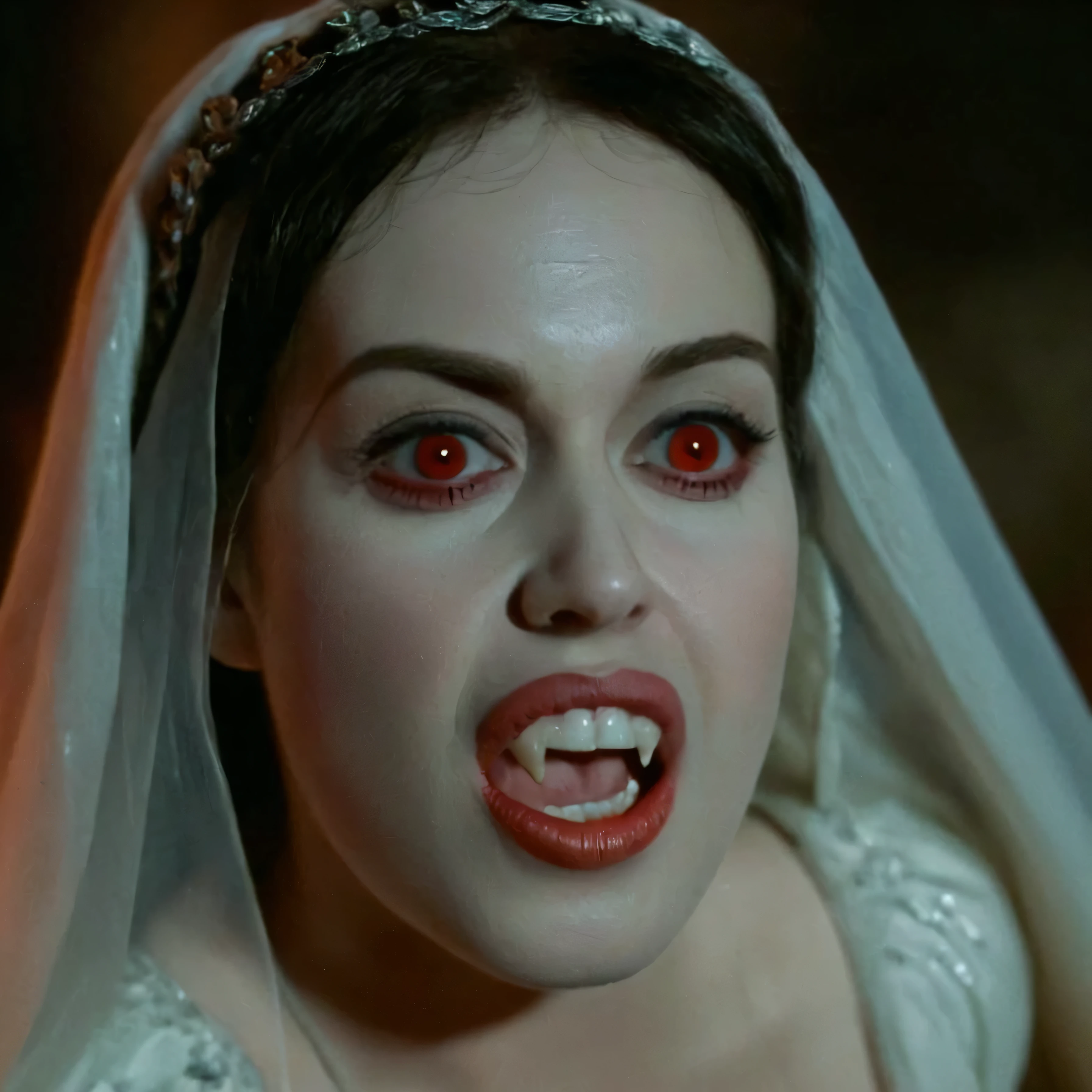 cinematic film still of  Snow White a closeup horny woman with a vampire teeth and a surprised look on her face In 1500s 15th Century, dark night, white pale skin, reflective eyes, shallow depth of field, vignette, highly detailed, high budget, bokeh, cinemascope, moody, epic, gorgeous, film grain, grainy