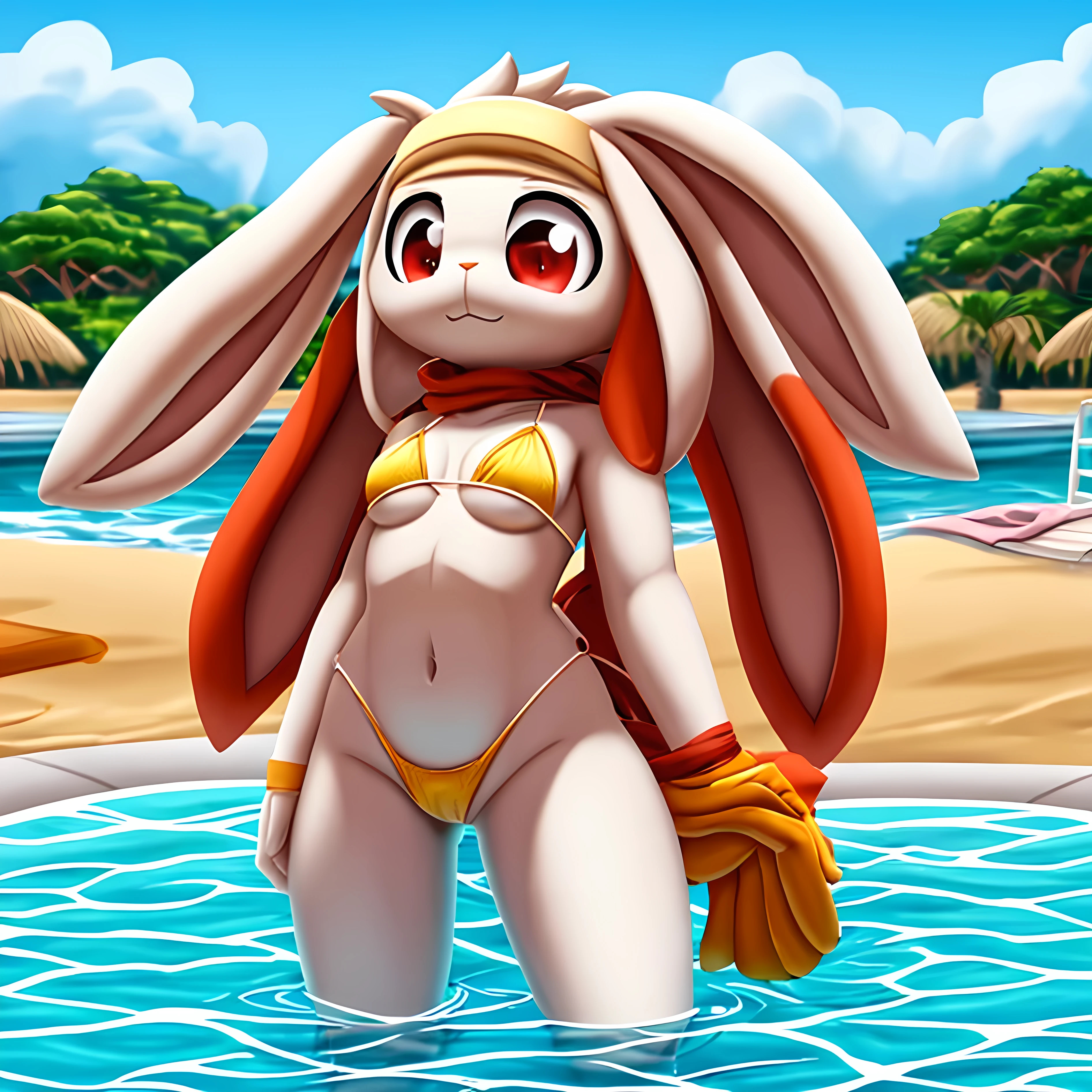 masterpiece, best quality, detailed, pov, 1girl, raboot, horny, red eyes, black fur, black hair, rabbit ears, white bikini, standing, at a pool, beach, ocean background, dusk,