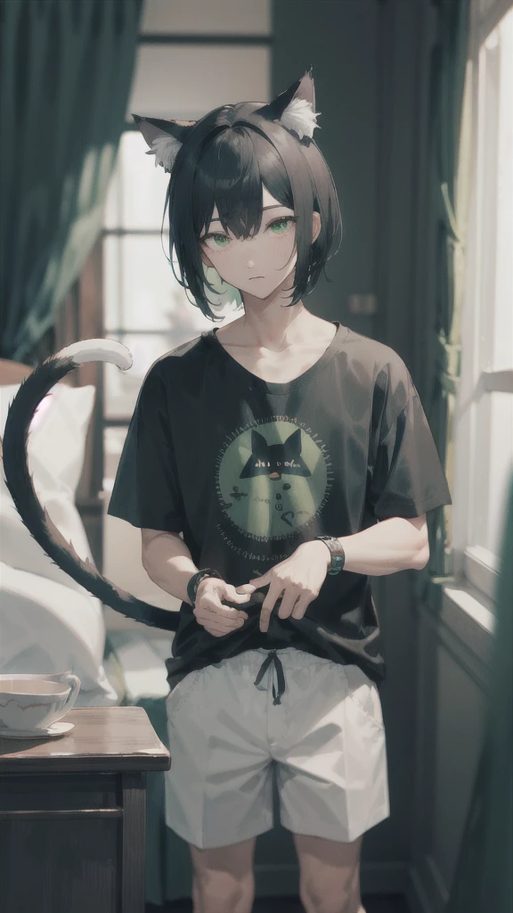 absurdres, best quality, androgynous, solo, looking at viewer, (love: 1), (horny:0.75), (hand on own arm:0.5), cuff links, black shirt, wolf cut shoulder-length black hair, curtains bangs, closed mouth, hair flaps, short sleeves, solid circle pupils, green eyes, cat ears, cat tail,