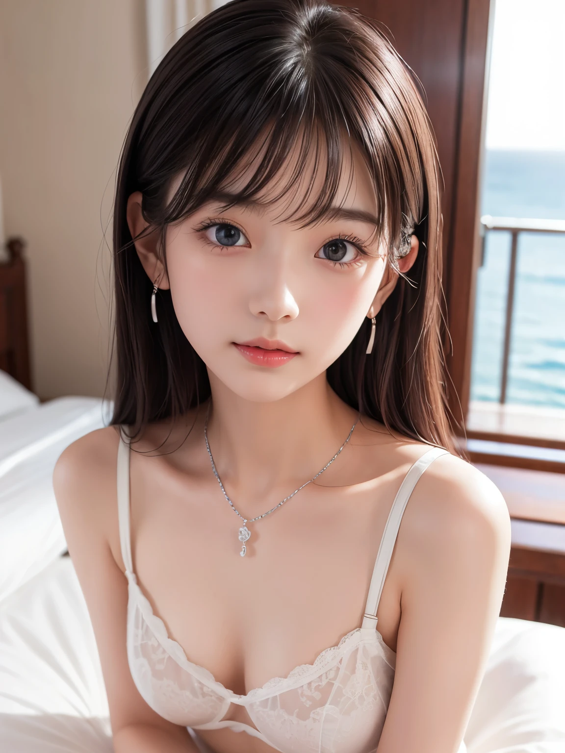 fine、blue small earrings、Silver Necklace、Low Leg、Low rise、Humble、Shyness、((Hotel bed with a large window overlooking the sea))、(((Realistic images)))、Crystal clear white skin、Bold Pose、(One Girl)、White underwear、Shoulder-length brunette hair、Make your expressions more realistic、Thin, soft and smooth hair、Highlighting wrinkles in clothes、((Tabletop、highest quality、High resolution))、Extremely detailed 8K、 (Ultra HD、Super detailed、Very detailed、Very realistic、Ultra-realistic、Photo Real)、One thumb、Refers to four books、The underwear you wear is very soft and pleasant to the touch.、smile、e babge、Soft Light、Realistic skin texture、