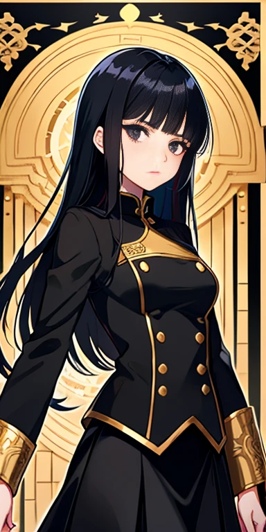 anime girl, all black uniform, gold buttons, long skirt, long black hair with bangs, black eyes, beautiful, small breasts, stoic, slender, calm, gold lines on skirt intricate, tori gate background