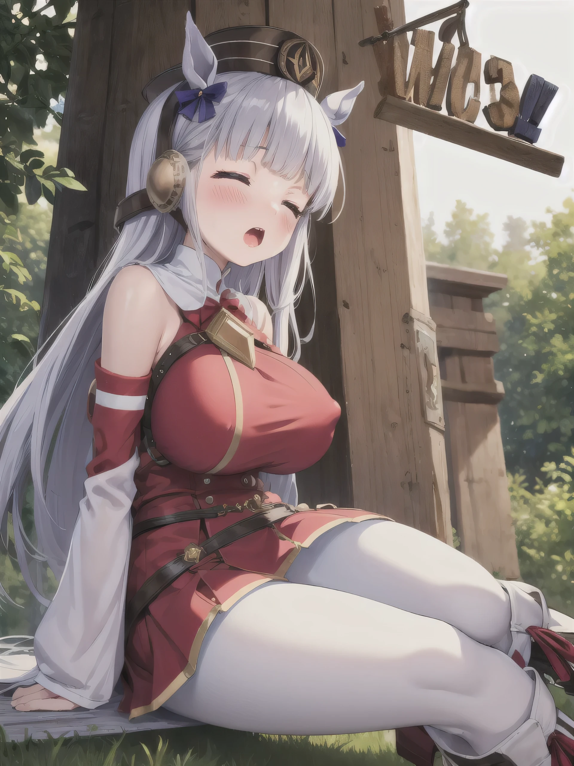 Dark color depiction、(masterpiece, highest quality:1.2), alone, One girl, umpd gold ship, pillbox hat, Red dress,No sleeve, White Pantyhose, boots, Horse tail, blush、in the forest、(Huge breasts:1.2)、Close your eyes and scream、Spread your legs、Thick white love juice、Drip a large amount of love juice、Clothes are see-through、Underwear wedgie、Low - Angle、Nipples are visible、、Kindergarteners、、、、、sexual behavior、Pussy、Huge insertion、Sex、Masturbation、masturbation behavior、Giant Insertion、Massive 、Massive Vagina 、Belly bulge