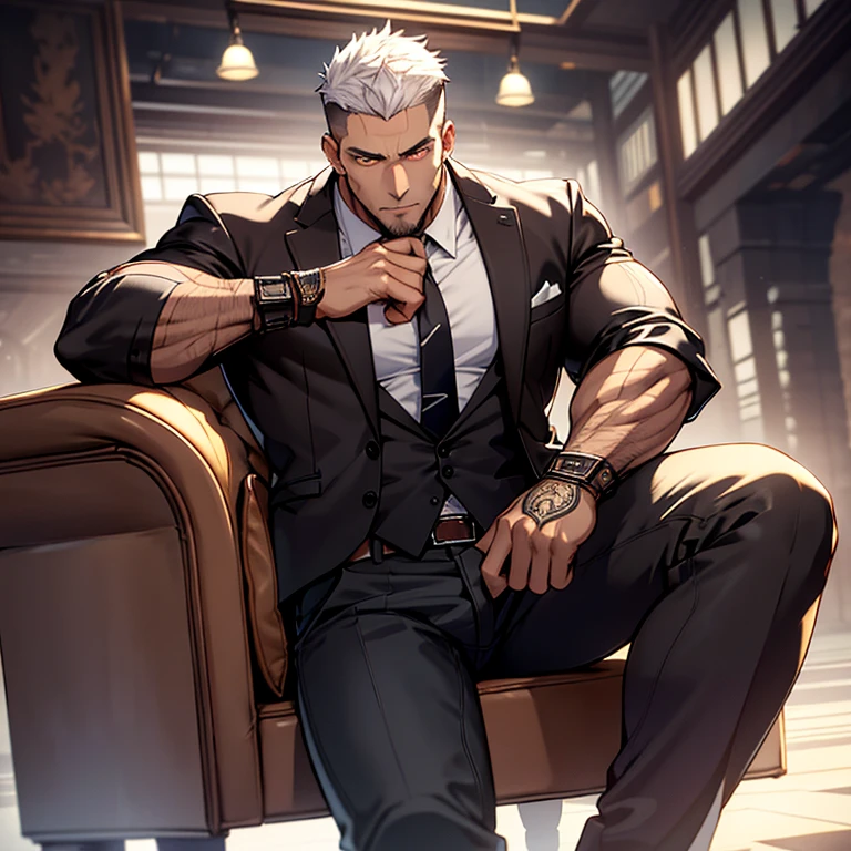 1boy, sukuna, male focus, muscular male, nsfw, 3D, realistic, indoor, normal hue, central, golden ratio, sitting on the leather couch, sharp-featured body, tall, burly, highres, slender build, perfect anatomy, skin texture, thick dark buzzcut hair, see-through bangs, shallow eyebrow, symmetrical eyebrow, large bright eyes, symmetrical eyes, double-edged polearm, broad shoulders, noble attire, abdominals stretch, tight-fitting, leather collar, stand-up collared shirt, necktie, waistcoat, open thickened glossy dark leather jacket, bulging muscles, leather gloves, black trousers, leather belt, spreading long thin legs, large erect penis over 10 inches length and 3 inches width, erection, large scrotum with testicles, masturbation, high-heeled leather boots, soft smile, handsome, powerful, from front, looking ahead at viewer, day, tattoo_On_his_face, male, full bodyesbian, A pink-haired, cow boy shot, 8K, super detailing, hands in a pocket, tight leather suit, masterpiece, best quality, hyper-detailed, intricate detail, professional photography, matte, bright, the most beautiful ever seen, post processing, dramatic lighting, ambient lighting, epic composition, ultrawide shot, uplight, raytracing reflections, depth of field, gorgeous background