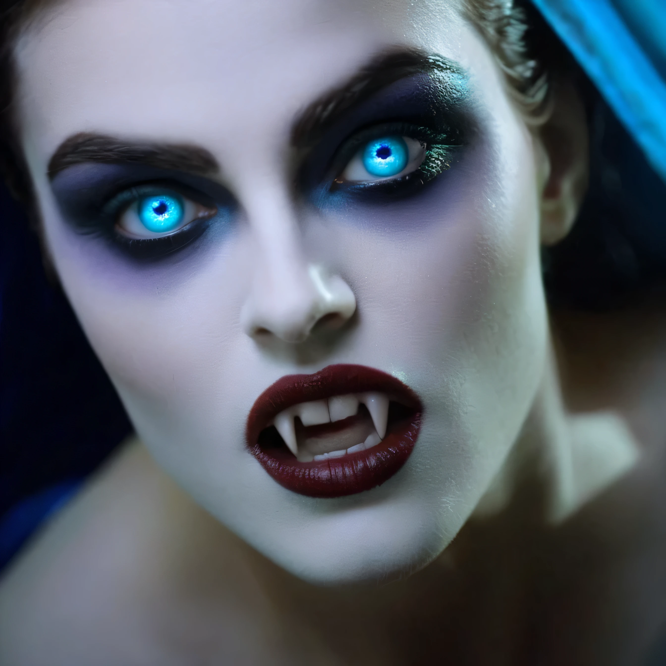 cinematic film still of Gorgons in Greek mythology frank frazetta painting of a Female Vampire woman with a vampire makeup and a Vampire Fangs Teeth and reflective purple blue eyes staring at camera, shallow depth of field, vignette, highly detailed, high budget, bokeh, cinemascope, moody, epic, gorgeous, film grain, grainy