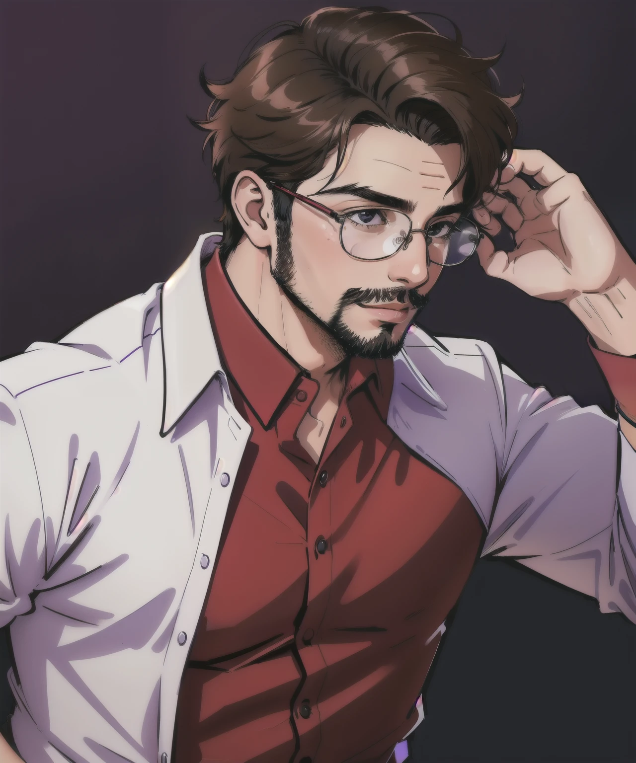 (lineart:1.31), 1boy, black-framed eyewear, dark blonde hair, BREAK purple collared shirt, facial hair, glasses, male focus, mole, realistic, red shirt, round eyewear, shirt, solo