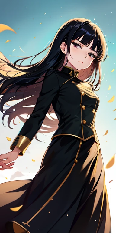 anime girl, all black uniform, gold buttons, long skirt, long black hair with bangs, black eyes, beautiful, small breasts, stoic, slender, calm, gold lines on skirt intricate, wind blowing in hair, closed eyes