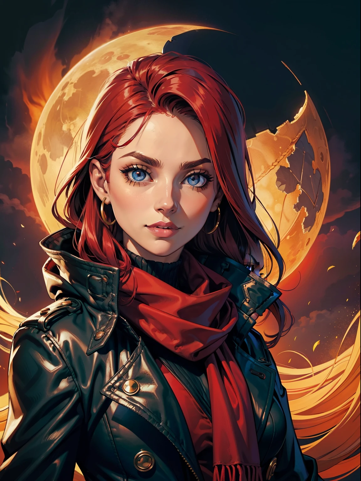 Fundo escuro da lua do sangue da noite, estilo masmorra mais escuro, Olhando para a lua, Retrato do jogo, Sadurang, da Marvel, Piece, cabelo curto da juba, tainha, face definida, Olhos detalhados, barba curta, olhos vermelhos brilhantes, Cabelos escuros, sorriso astuto, Badass, perigoso, wearing elegant trench coat and red scarf