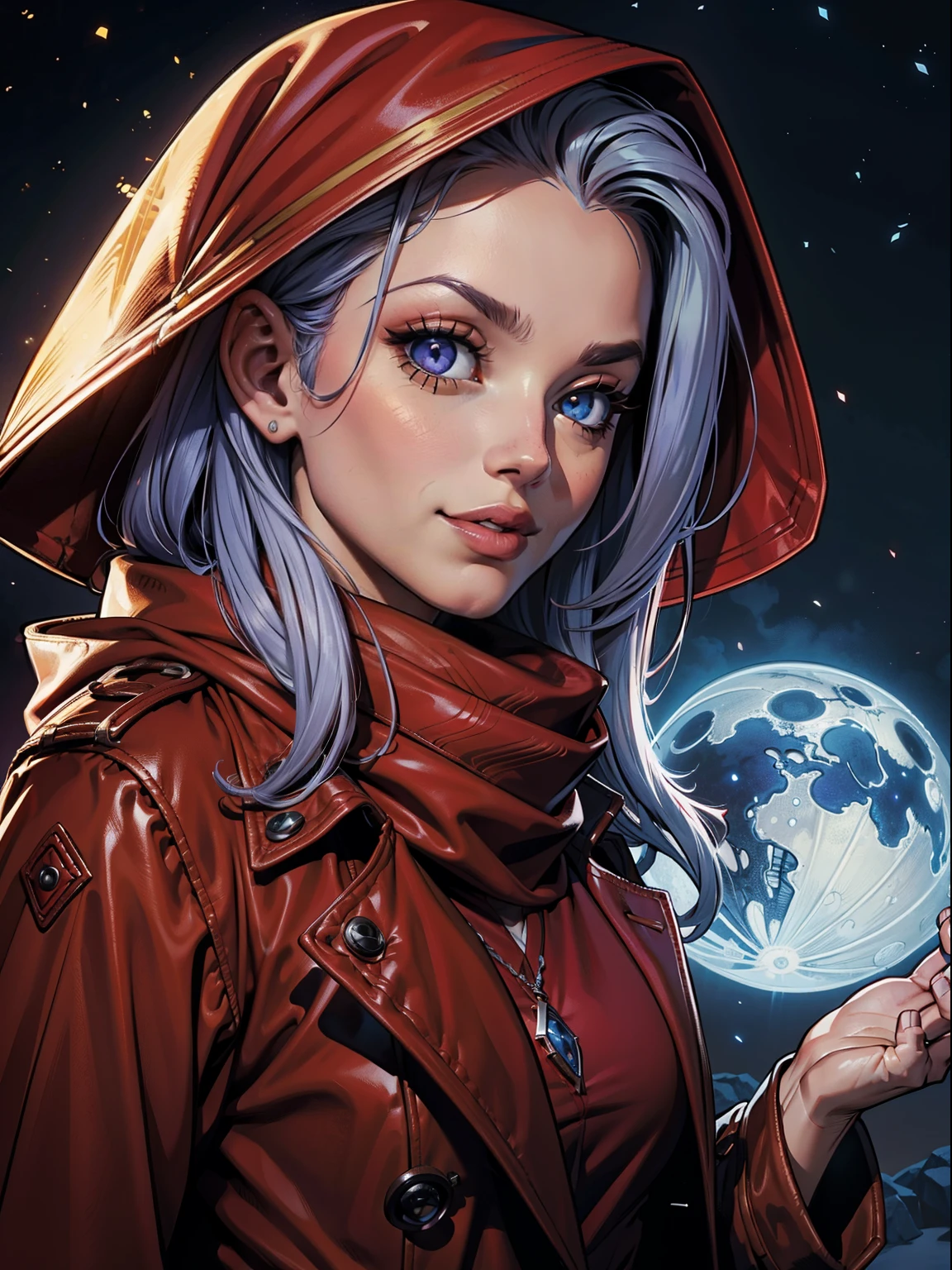 Fundo escuro da lua do sangue da noite, estilo masmorra mais escuro, Olhando para a lua, Retrato do jogo, Sadurang, da Marvel, Piece, cabelo curto da juba, tainha, face definida, Olhos detalhados, barba curta, olhos vermelhos brilhantes, Cabelos escuros, sorriso astuto, Badass, perigoso, wearing elegant trench coat and red scarf