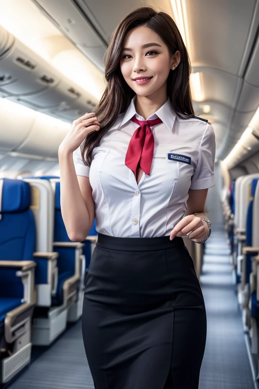 1womanl, 23 years、hyperdetailed face、Detailed lips、A detailed eye、sowing translucient white panties、(Black bob hair、Smiling while walking gracefully down the aisle)、(Stewardess uniform:1.2)、(Glamorous body)、(Colossal tits)、thighs thighs thighs thighs, Perfect fit, Perfect image realism, Background with: (Business Class aisle on airplanes:1.2), Cowboy Shot, In-depth background, detailed costume, Perfect litthing、Hyper-Realism、(Photorealsitic:1.4)、8K maximum resolution, (masterpiece), ighly detailed, Professional