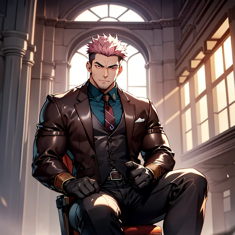 1boy, sukuna, male focus, muscular male, nsfw, 3D, realistic, indoor, normal hue, central, golden ratio, sitting on the leather couch, sharp-featured body, tall, burly, highres, slender build, perfect anatomy, skin texture, thick dark buzzcut hair, see-through bangs, shallow eyebrow, symmetrical eyebrow, large bright eyes, symmetrical eyes, double-edged polearm, broad shoulders, noble attire, abdominals stretch, tight-fitting, leather collar, stand-up collared shirt, necktie, waistcoat, open thickened glossy dark leather jacket, bulging muscles, leather gloves, black trousers, leather belt, spreading long thin legs, large erect penis over 10 inches length and 3 inches width, erection, large scrotum with testicles, masturbation, high-heeled leather boots, soft smile, handsome, powerful, from front, looking ahead at viewer, day, tattoo_On_his_face, male, full bodyesbian, A pink-haired, cow boy shot, 8K, super detailing, hands in a pocket, tight leather suit, masterpiece, best quality, hyper-detailed, intricate detail, professional photography, matte, bright, the most beautiful ever seen, post processing, dramatic lighting, ambient lighting, epic composition, ultrawide shot, uplight, raytracing reflections, depth of field, gorgeous background