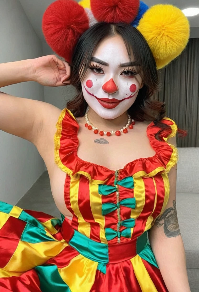 (((high quality:1.2))), Work of art, (8k), extremely detailed, ((High detail:1.2)) ((best resolution)), (Hotlexi woman), Solo, 24 year old Vietnamese female, ((???? clown outfit)),