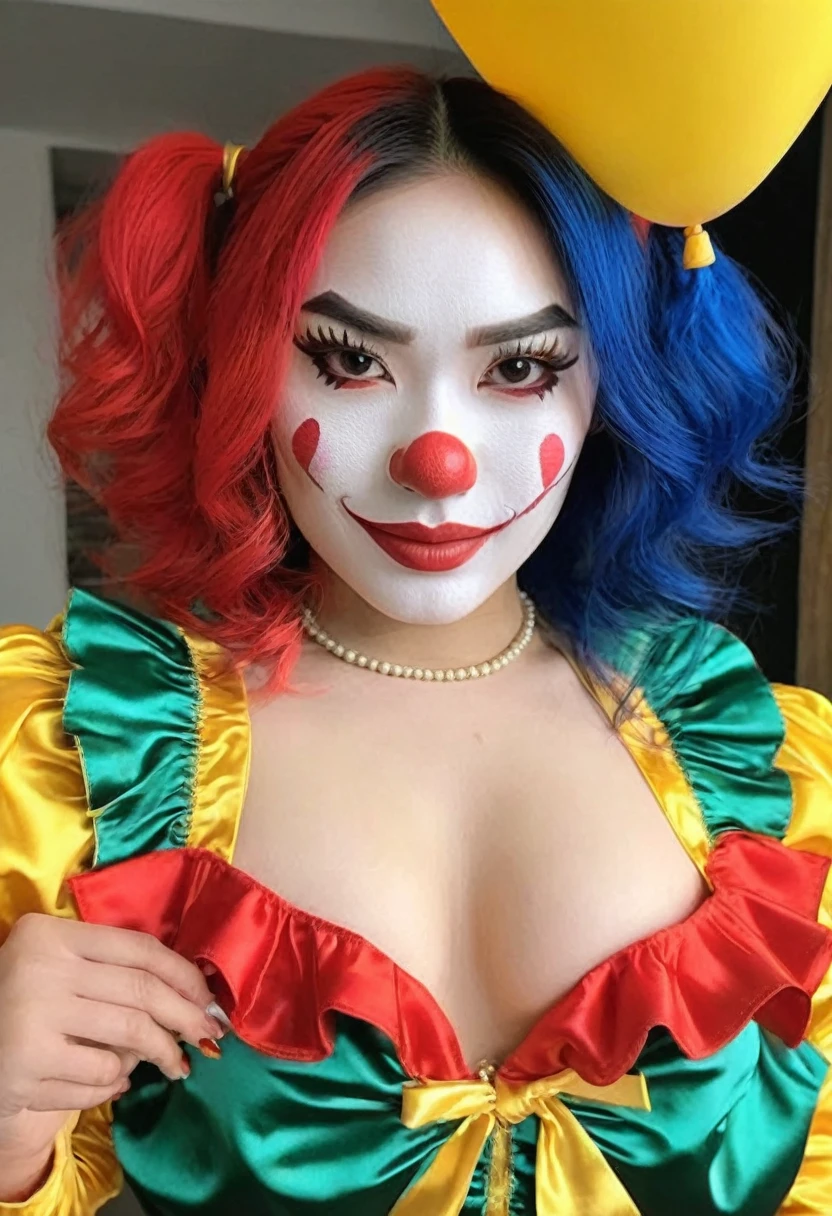 (((high quality:1.2))), Work of art, (8k), extremely detailed, ((High detail:1.2)) ((best resolution)), (Hotlexi woman), Solo, 24 year old Vietnamese female, ((sexy clown outfit)),