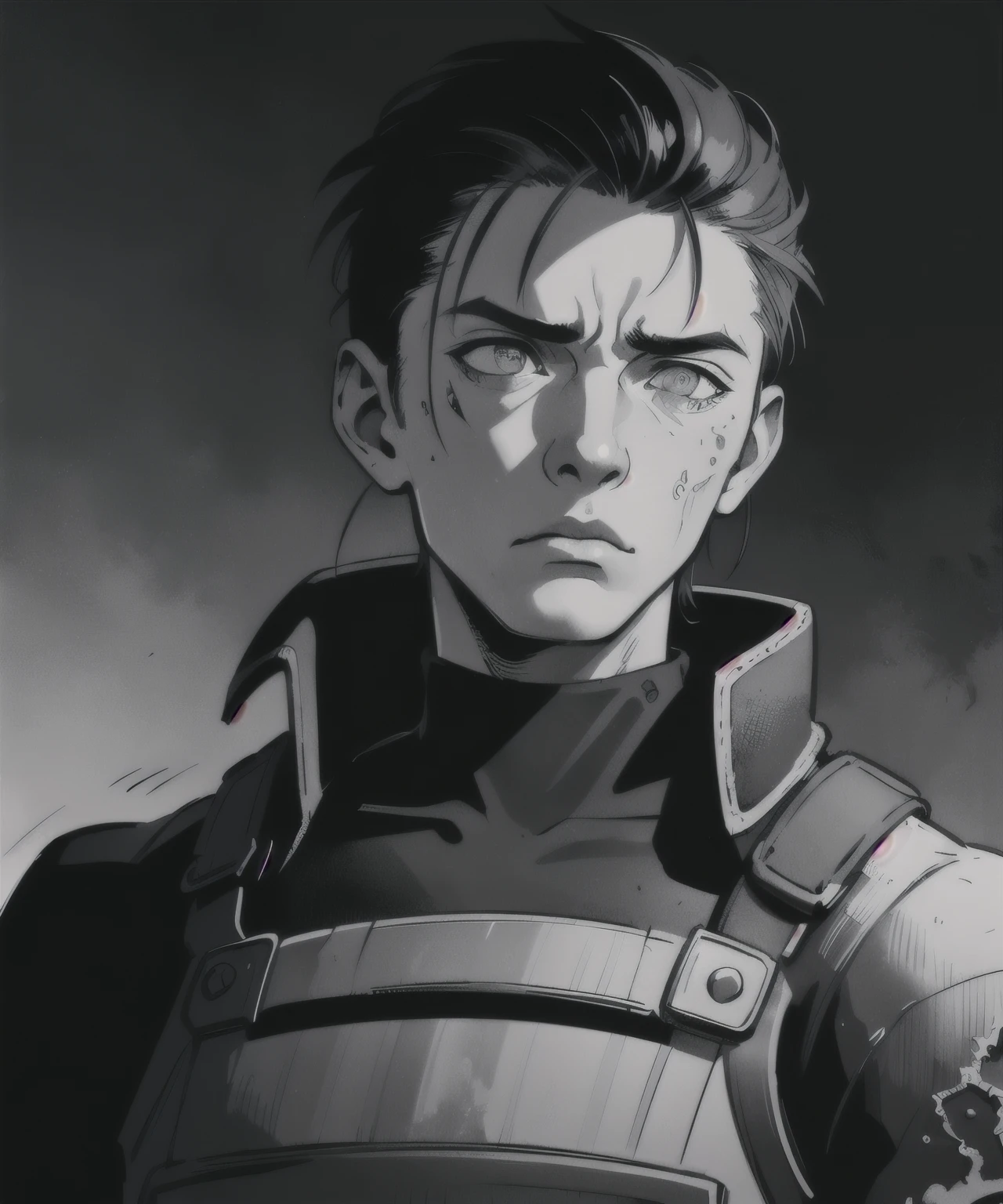 (inked original-art:1.2),(lineart:1.31),portrait of a soldier,shocked, sad eyes,(old:1.4),(tired:1.4),depth,(battle-field)(dramatic),cinematic-composition,(hyperdefined),sad,from-below,grayscale,(thin-lines),punk-nouveaux-gothic aesthetic,rim-complex-lighting,ultradetailed-textures,(fine-details:1.3),RAW-format