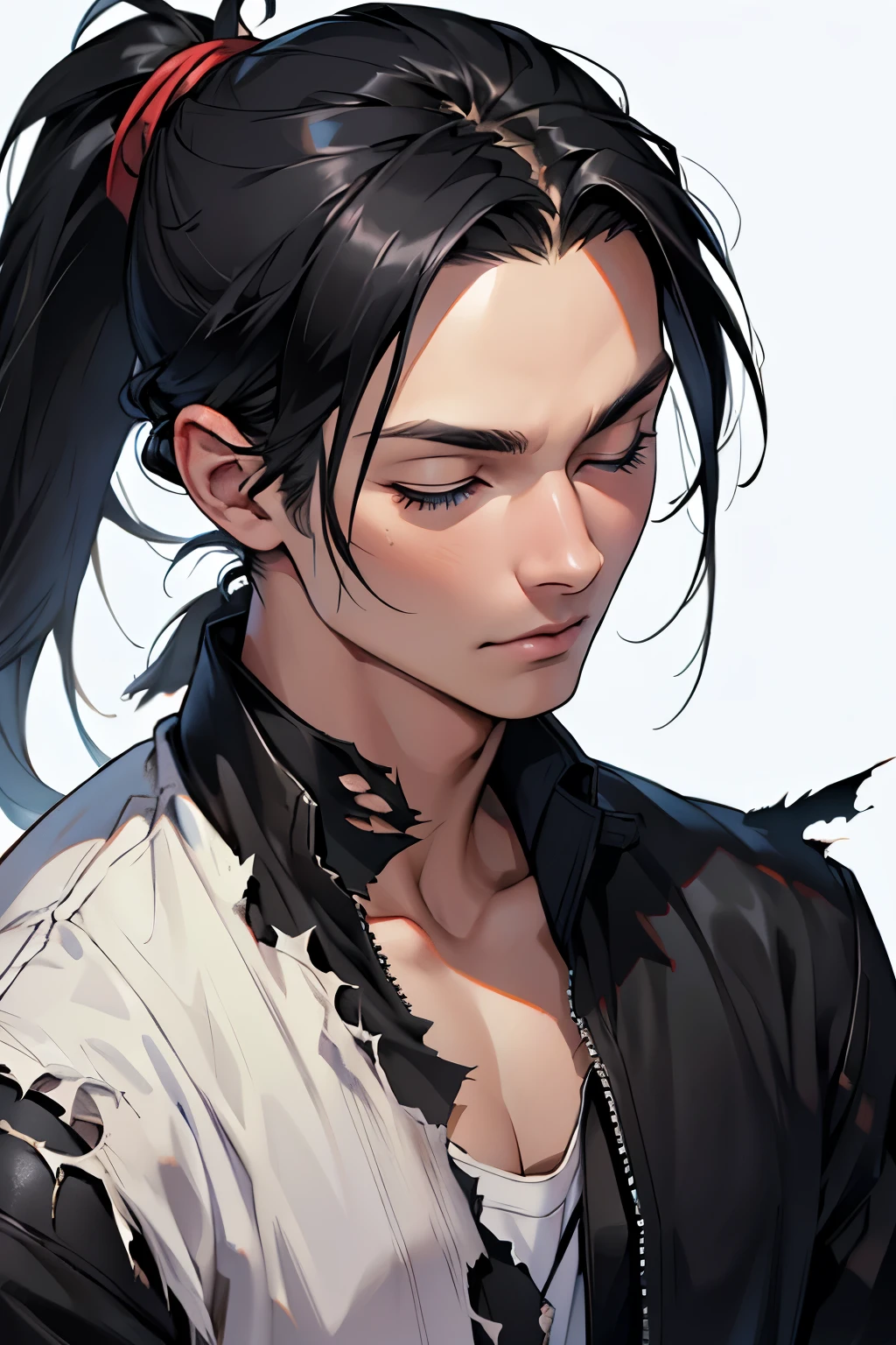 young, male, white, straight hair, black hair, ponytail, blue eyes, torn clothes, black hair, long hair, closed eyes, 8k, super detail, accurate, best quality, high details, high quality, anatomically correct, masterpiece