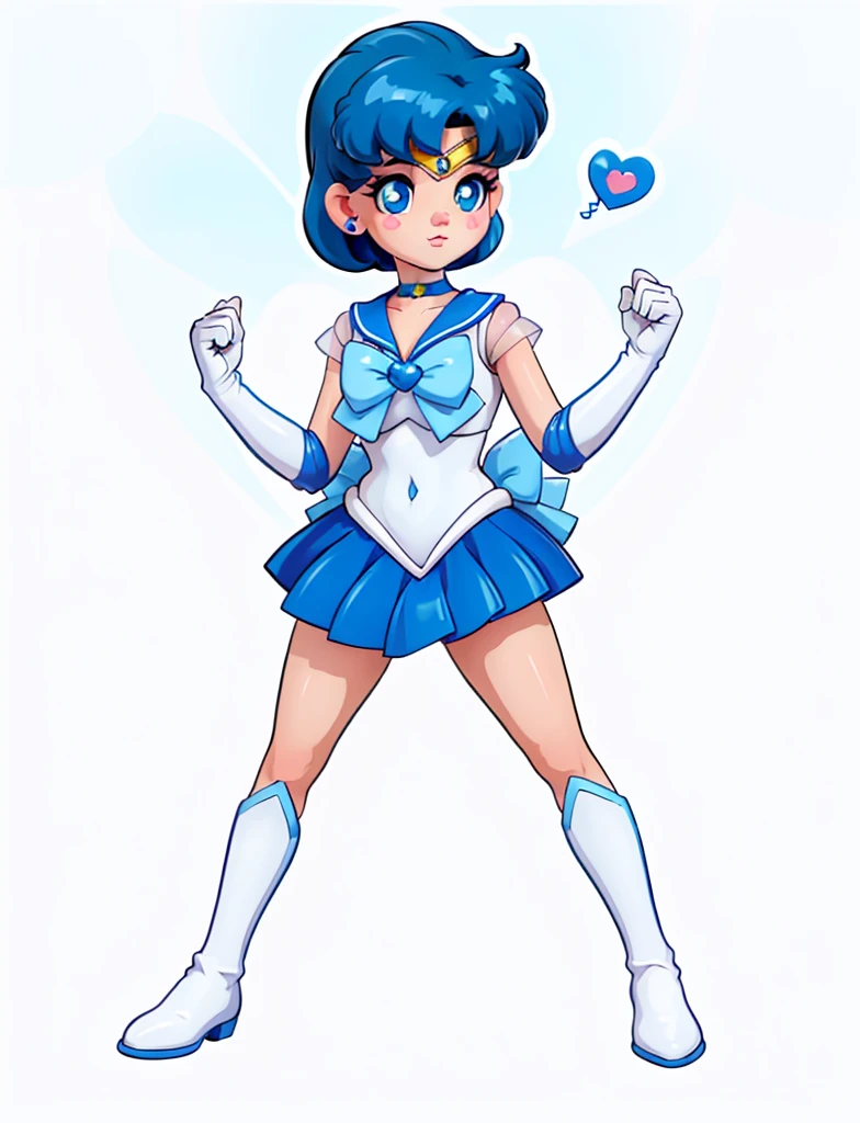 mer1, tiara, sailor senshi uniform, blue sailor collar, bow, knee boots, choker, white gloves, blue choker, elbow gloves, jewelry, earrings, blue skirt, sticker, simple background, expressions, full body, cute, kawaii, ((sticker-style white background:1.3)), simple background, clean:0.9, lineart, vector, happy, same as original, (((blue hair color)))