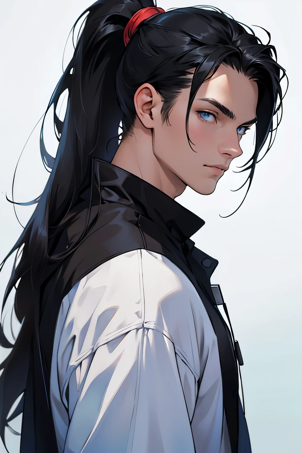 young, male, white, straight hair, black hair, ponytail, blue eyes, casual clothes, black hair, long hair, 8k, super detail, accurate, best quality, high details, high quality, anatomically correct, masterpiece