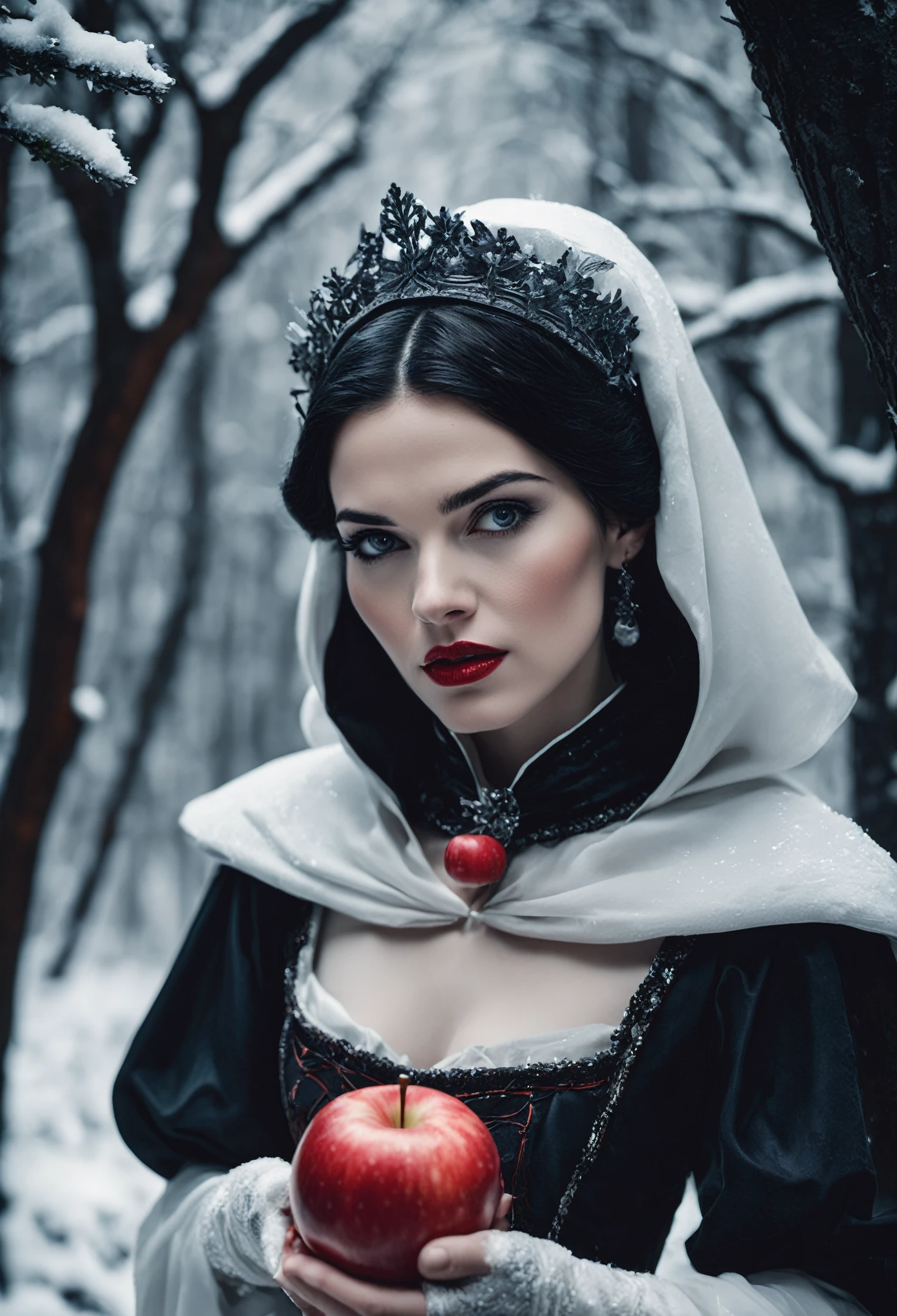 high quality cinematic (black and white) photo of snow-white holding a (bright-red) apple in an enchanted forest, close shot, detailed face, dramatic, high detail, high resolution, 8k, high saturation