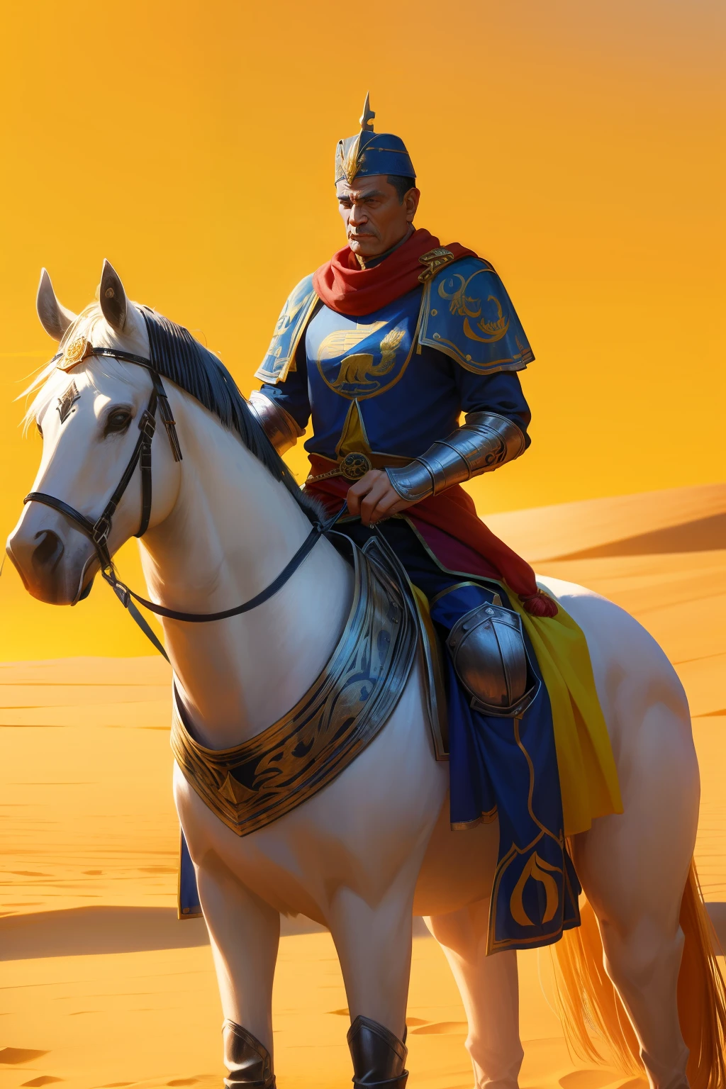 Homem forte,Pegue um escudo,is dressed in armor,usando seu capacete,em um deserto,A bandeira,Vento forte,cavalos