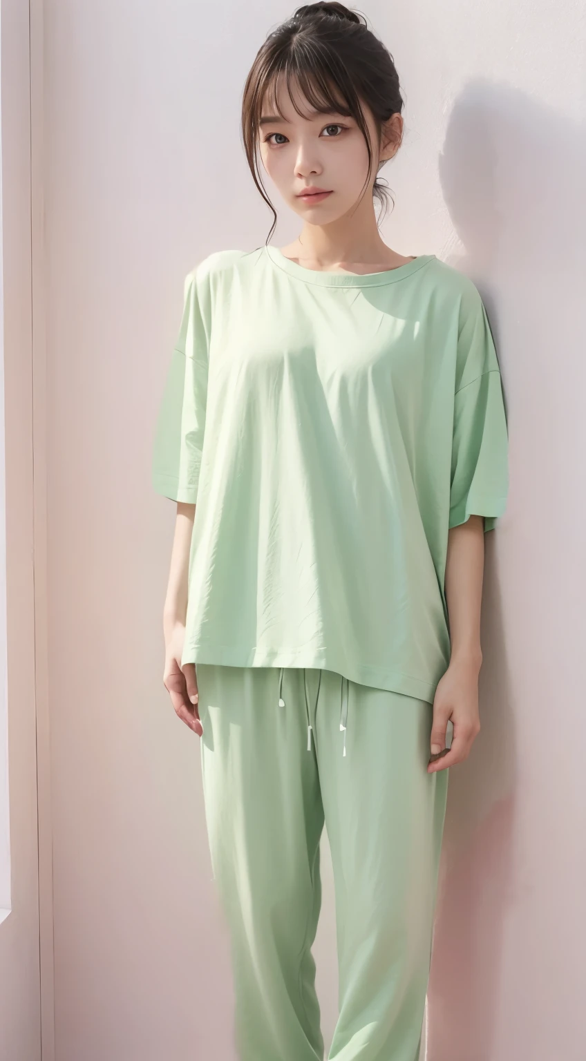 Relaxed Fit Pajamas、Oversized T-shirt、Relaxed fit pants、Cotton material、Light green
