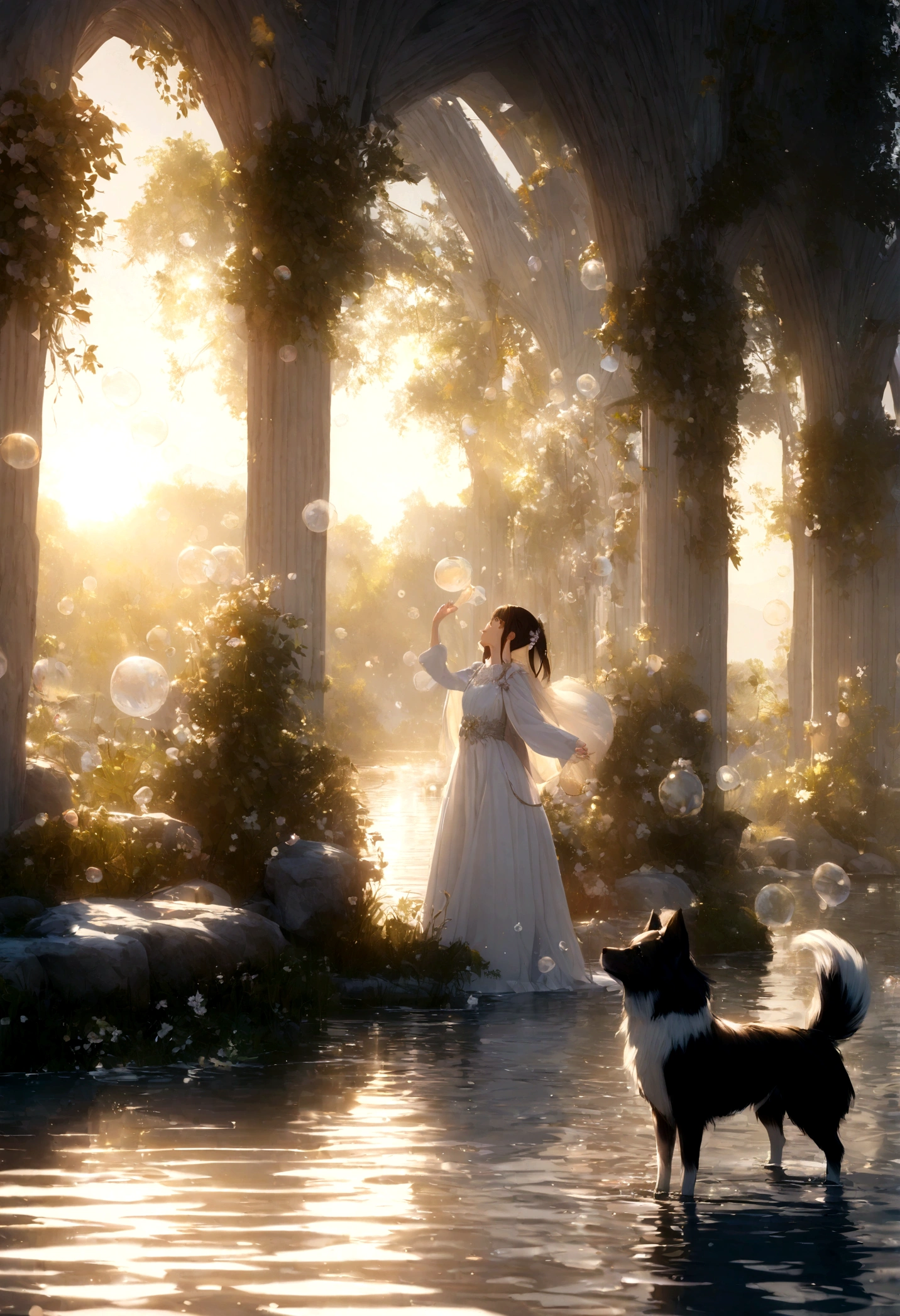 A touching scene in ultra-high definition 3D showcasing black and white dog papillon making a wish beside a tranquil lake. black and white dog papillon, Beautifully rendered in detail, You can see them gently blowing bubbles into the air., Each one has a hopeful wish. The bubbles reflect the setting sun, dream-like, Magical Effects. The overall atmosphere is friendly, Full of hope and peace