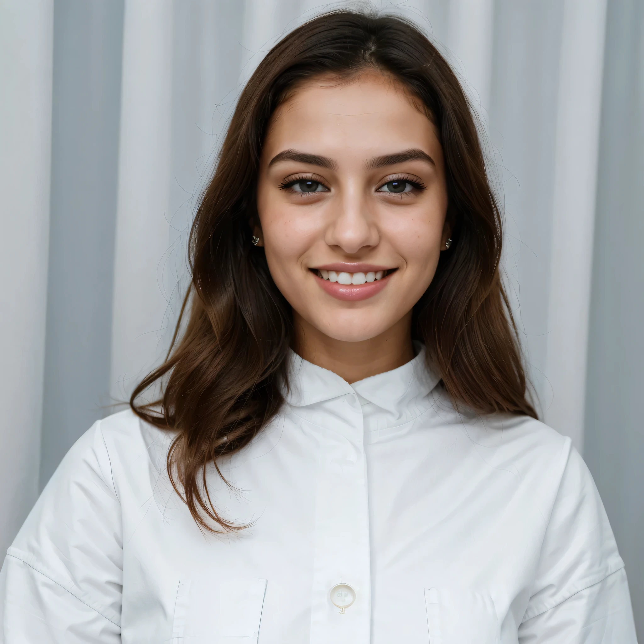 (8k, highest quality, ultra detailed:1.37, mid-range image),1girl, white teethes, small nose, big eyes, 18yo, blue jacket, in a dentist clinic, setting on the dentist chair, light blue eyes, small head, acne,bad skin,small nose, acne skin, real, thick hair, super realistic detailed eyes, super realistic detailed teethes, Arab women, modest, attractive smile, white teeth, showcases her unique fashion sense in a trendy setting. The high-resolution image captures ultra-detailed realism, highlighting confident pose, captivating eyes, big eyes, and flawless complexion.