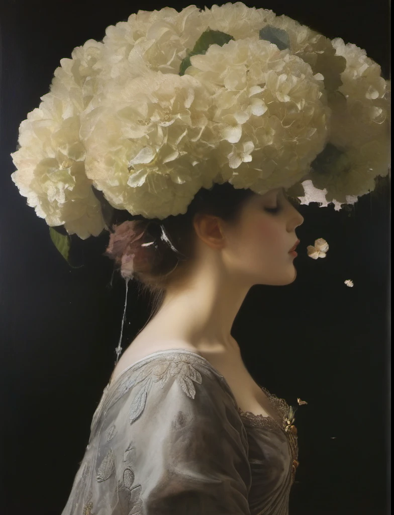 James Gurney, Surrealist art , dream-like, Mysterious, Provocative, symbolic, Complex, detailed,, (Gothic but very beautiful:1.4), (masterpiece, highest quality:1.4) , Nicola Samori Style, Lots of hydrangeas