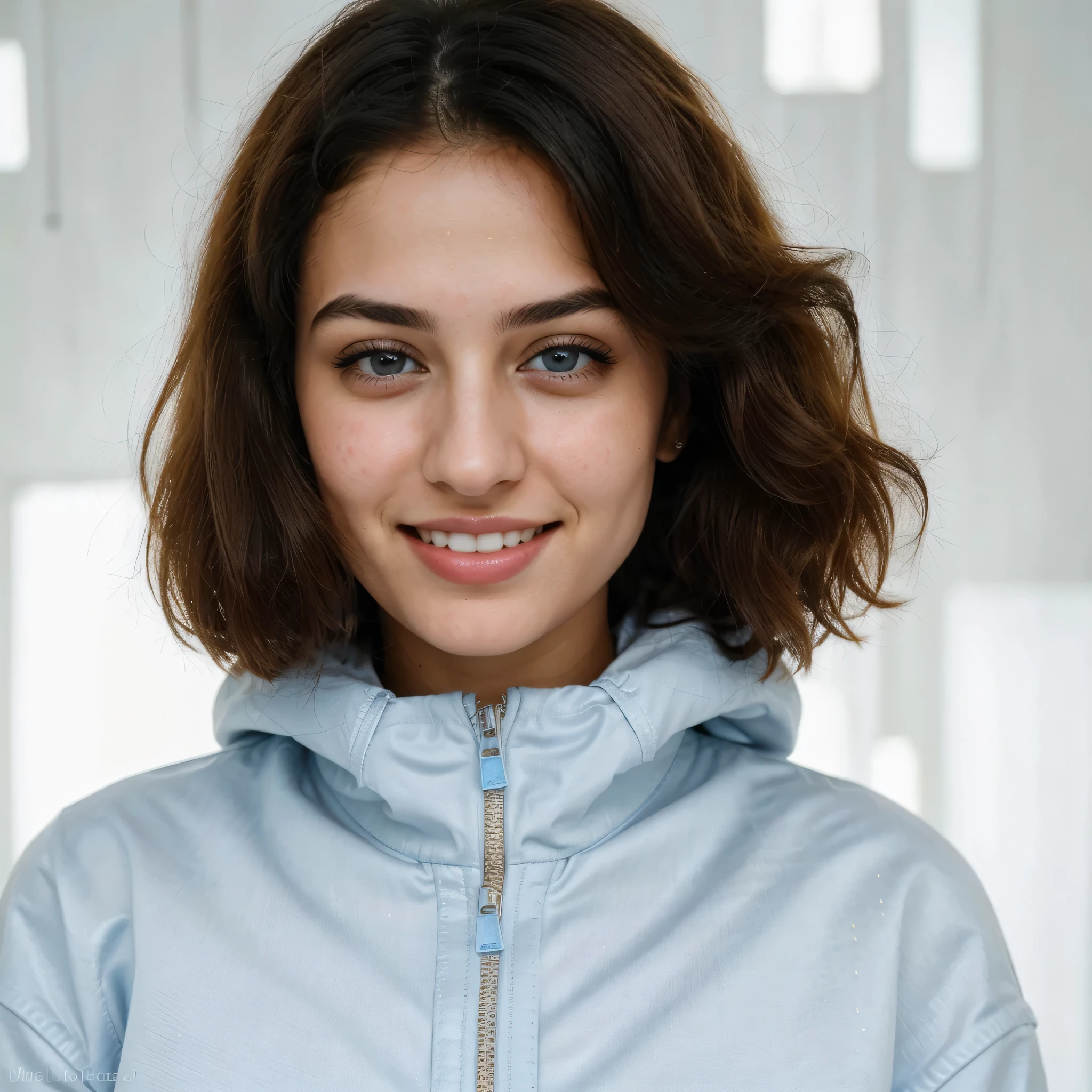 (8k, highest quality, ultra detailed:1.37, mid-range image),1girl, white teethes, small nose, big eyes, 18yo, blue jacket, in a dentist clinic, setting on the dentist chair, light blue eyes, small head, acne,bad skin,small nose, acne skin, real, thick hair, super realistic detailed eyes, super realistic detailed teethes, Arab women, modest, attractive smile, white teeth, showcases her unique fashion sense in a trendy setting. The high-resolution image captures ultra-detailed realism, highlighting confident pose, captivating eyes, big eyes, and flawless complexion.