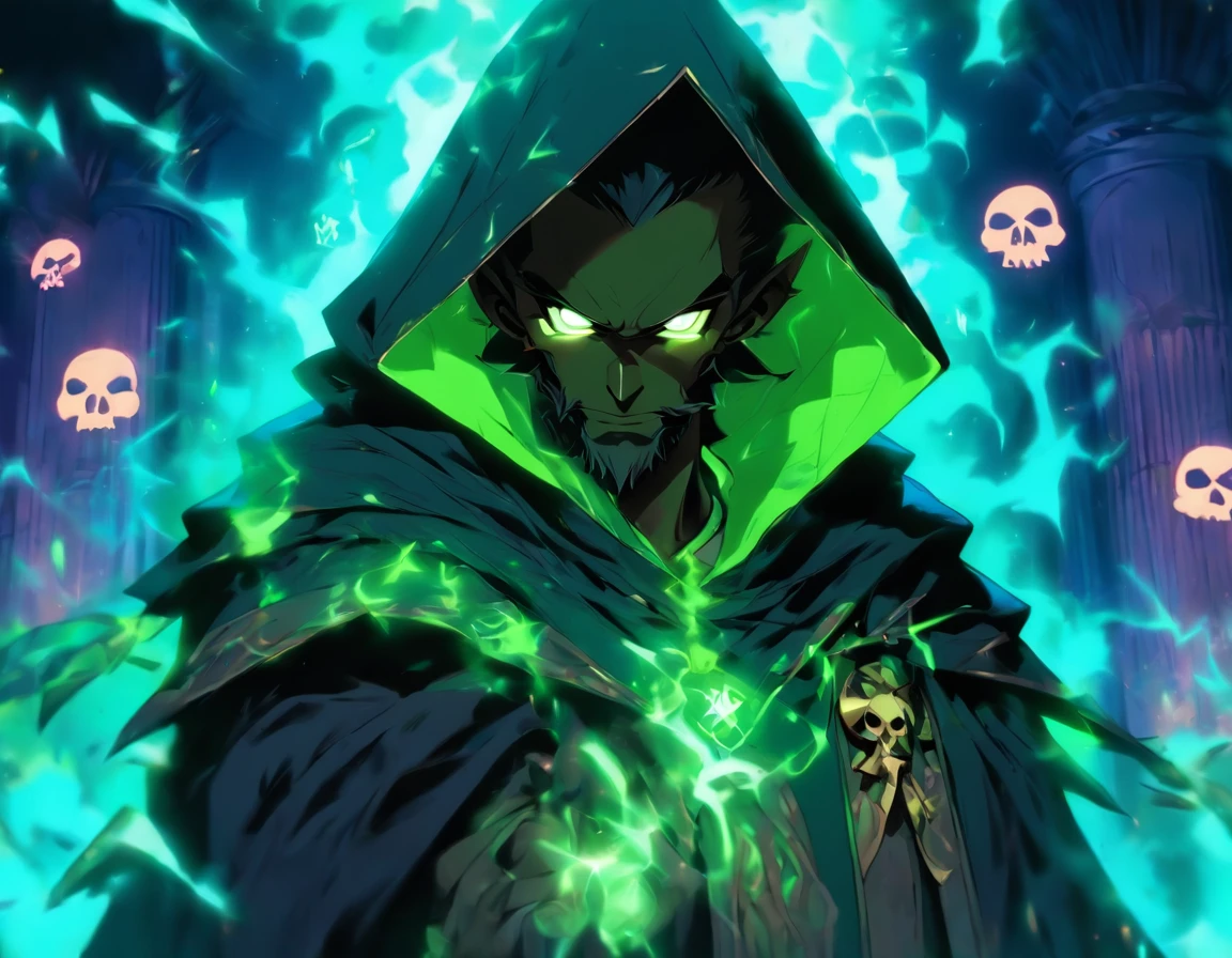 1 man, dark toned skin, black messy short hair, brown eyes, black rimmed glasses, facial hair, stubble beard, wizard robes with hood, evil necromancer magic, handsome, brown skin tone, neon green magics, neon teal magics, looking at viewer, arrogant, smirking, magic runes, best quality, portrait, casting magics, posing, bookcase in background, books with skulls, evil anime villian, handsome man, black clothes