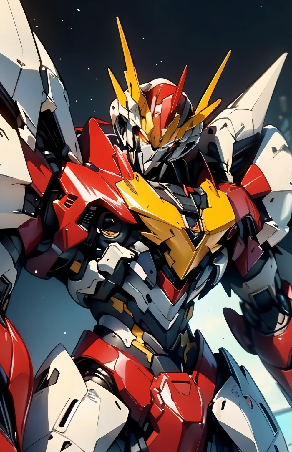 Humanoid Mecha, fully enclosed shoulder guards, matching arm and leg guards, full body, full armor, the design balances heavy with agility, (the color scheme is primarily white with red and blue accents, the concept Inspired by Super robot, organic biotech armor, standing, floating high above the futuristic sci-fi city), exquisite and mature art style, (aura effect, energy, glowing eyes, the armor glows), ((SRS)), metallic, dynamic, dramatic, high definition, best quality, highres, ultra-detailed, ultra-fine painting, extremely delicate, professional, perfect body proportions, anatomically correct, symmetrical face, extremely detailed eyes and face, high quality eyes, creativity, RAW photo, UHD, 32k, Natural light, cinematic lighting, masterpiece-anatomy-perfect, masterpiece:1.5