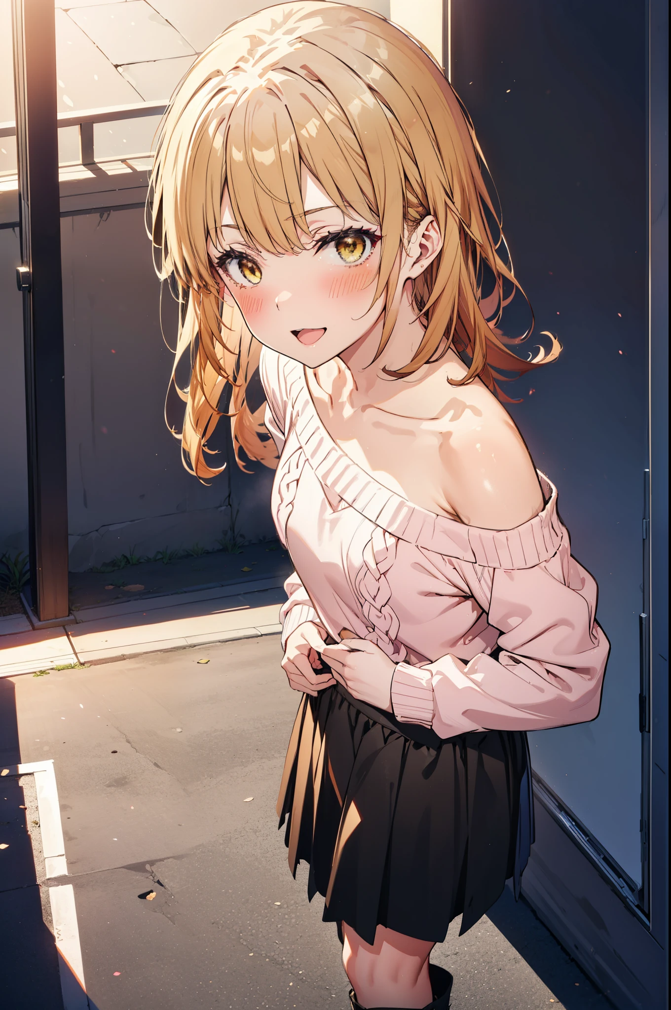 irohaisshiki, iroha isshiki, Long Hair, Brown Hair, (Brown eyes:1.5), happy smile, smile, Open your mouth,Yellow one-shoulder sweater,black long skirt,Black pantyhose,short boots,morning,morning陽,The sun is rising,whole bodyがイラストに入るように,Walking,scenery Building district,
break outdoors, balcony,
break looking at viewer,whole body,
break (masterpiece:1.2), highest quality, High resolution, unity 8k wallpaper, (figure:0.8), (Beautiful fine details:1.6), Highly detailed face, Perfect lighting, Highly detailed CG, (Perfect hands, Perfect Anatomy),