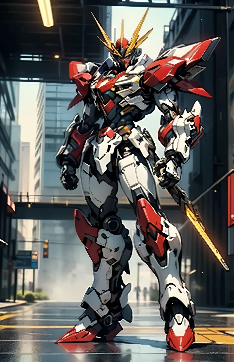Humanoid Mecha, fully enclosed shoulder guards, matching arm and leg guards, full body, full armor, the design balances heavy with agility, (the color scheme is primarily white with red and blue accents, the concept Inspired by Super robot, organic biotech armor, standing, floating high above the futuristic sci-fi city), exquisite and mature art style, (aura effect, energy, glowing eyes, the armor glows), ((SRS)), metallic, dynamic, dramatic, high definition, best quality, highres, ultra-detailed, ultra-fine painting, extremely delicate, professional, perfect body proportions, anatomically correct, symmetrical face, extremely detailed eyes and face, high quality eyes, creativity, RAW photo, UHD, 32k, Natural light, cinematic lighting, masterpiece-anatomy-perfect, masterpiece:1.5