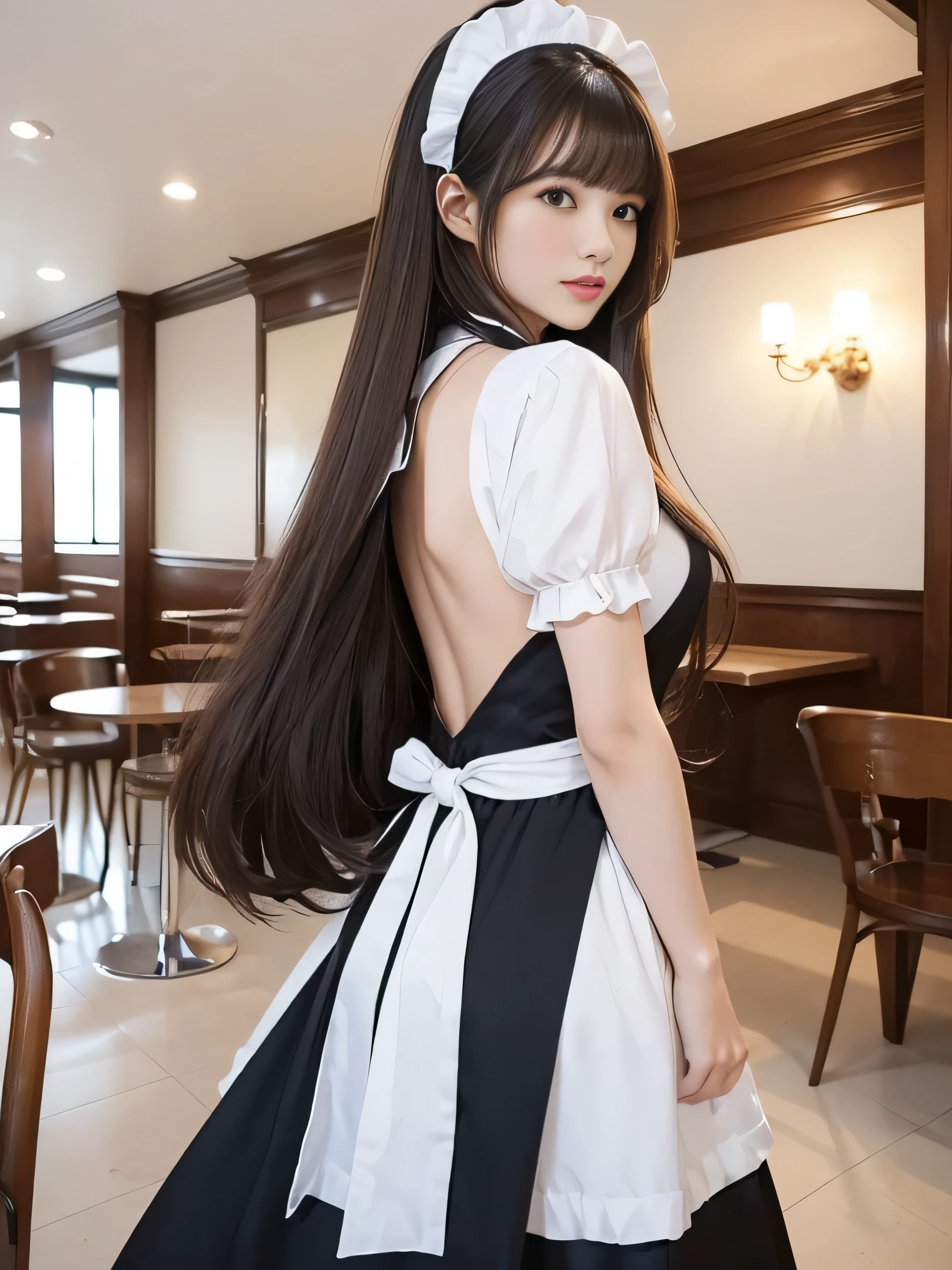 1woman (She poses in the cafe, exposing as much of her back and hair as possible.:1.5) (Waist up shot) ((Black and white maid dress and a hat, Maid outfit, Maiddress, Catboy Cosplay! Maid! dress, anime girl in a Maid costume, Maid costume, anime cat girl in a Maid costume, black gothic lolita dress, gorgeous Maid, wearing Maid uniform, Lolita Style, High Quality Costume, Anime Girl Cosplay, Maid)) (((Her hair color is light brown:1.8!!!!!!!!!))) (Cute smile) (Big Breasts:1.4) ((highest quality)), ((masterpiece)), (Familiar), (Get used to it) ((Her hair is very straight!!!)) (Her bangs are neatly trimmed and worn straight down.:1.3) (highest qualityのライトブラウンヘア long hair to the ankles!!!!! highest quality Highest detail long hair to the ankles!!!!!、Very long and lasting hair!!!!! Flowing hair Amazingly straight hair Very shiny and thick hair Abnormally long hair that lasts forever!!!!! Flowing hair on both ends!!!!! long hair to the ankles!!!!! long hair to the ankles!!!!! Thick and shiny hair Very free hair Abnormally long hair!!!!! Beautiful silky hair Beautiful and shiny hair Beautiful and shiny hair Beautiful silky hair long hair to the ankles!!!!! Very long hair!!!!! Very long hair!!!!!) (highest quality The best ultra-fine long hair to the ankles!!!!!、Very long hair that lasts forever Flowing hair Her hair is Amazingly straight!!!!! Very shiny and thick hair Abnormally long hair that lasts forever!!!!! Flowing hair on both ends long hair to the ankles!!!!! Thick and shiny hair Very free hair Abnormally long hair!!!!! Beautiful silky hair long hair to the ankles!!!!! Beautiful and shiny hair Beautiful and shiny hair Beautiful silky hair long hair to the ankles!!!!! Very very, Very long hair!!!!! Very very, Very long hair!!!!!) (She is the most beautiful 24 year old professional maid cafe attendant in Japan......) Perfect woman'face (She has a typical Japanese build and skin color..., Her skin is very high quality and ultra high definition.、very beautiful and glowing skin) (Her face is dignified and sexy)(She achieved her sexy look with the help of a professional makeup artist.。... Lipstick is natural red The eyeliner is a beautiful black) (She has a typical Japanese build and skin color Her skin is very delicate and sensitive..、and、Such beautiful and radiant skin) (Her face is long, Small eyes and nose.、Narrow-mouthed and the most beautiful) ((Rich 1.4)) (Extremely detailed 8K) (Ultra-fine skin texture 1.4) (Actual, Vibrant:1.4), Sharp focus:1.2、Beautiful woman:1.4 Dynamic Lighting (Genuine RAW photos taken by professional photographers) very beautiful and glowing skin) (Her face shape is thinner than average:1.4) Lipstick is natural red The eyeliner is a beautiful black) (Surreal photos by professional photographers :1.2) (highest qualityのライトブラウンヘア long hair to the ankles!!!!! highest quality Highest detail long hair to the ankles!!!!!、Very long and lasting hair!!!!! Flowing hair Amazingly straight hair Very shiny and thick hair Abnormally long hair that lasts forever!!!!! Flowing hair on both ends!!!!! long hair to the ankles!!!!! long hair to the ankles!!!!! Thick and shiny hair Very free hair Abnormally long hair!!!!!)