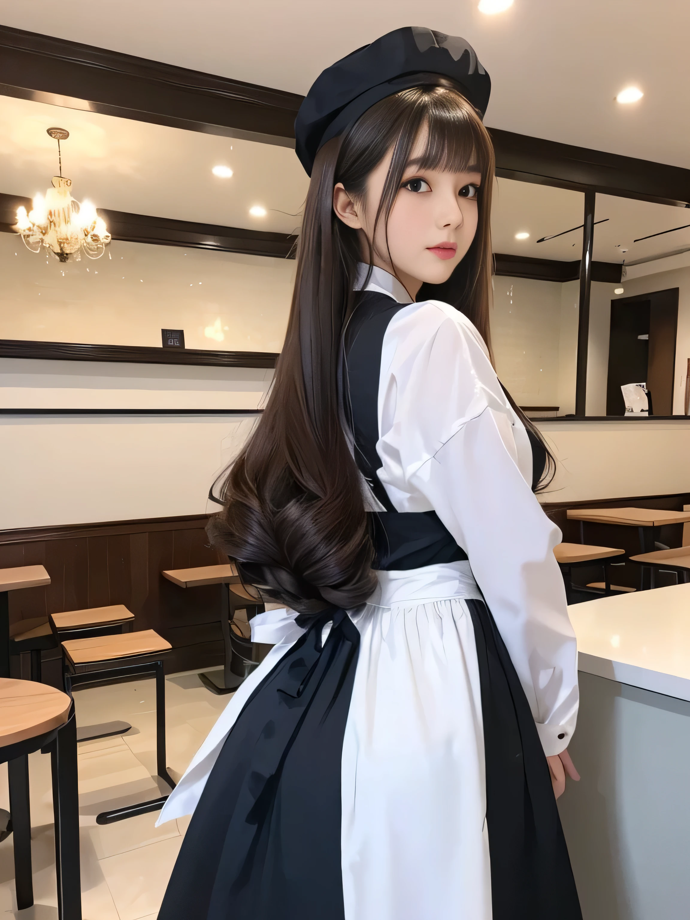 1woman (She poses in the cafe, exposing as much of her back and hair as possible.:1.5) (Waist up shot) ((Black and white maid dress and a hat, Maid outfit, Maiddress, Catboy Cosplay! Maid! dress, anime girl in a Maid costume, Maid costume, anime cat girl in a Maid costume, black gothic ta dress, gorgeous Maid, wearing Maid uniform, Lolityle, High Quality Costume, Anime Girl Cosplay, Maid)) (((Her hair color is light brown:1.8!!!!!!!!!))) (Cute smile) (Big Breasts:1.4) ((highest quality)), ((masterpiece)), (Familiar), (Get used to it) ((Her hair is very straight!!!)) (Her bangs are neatly trimmed and worn straight down.:1.3) (highest qualityのライトブラウンヘア long hair to the ankles!!!!! highest quality Highest detail long hair to the ankles!!!!!、Very long and lasting hair!!!!! Flowing hair Amazingly straight hair Very shiny and thick hair Abnormally long hair that lasts forever!!!!! Flowing hair on both ends!!!!! long hair to the ankles!!!!! long hair to the ankles!!!!! Thick and shiny hair Very free hair Abnormally long hair!!!!! Beautiful silky hair Beautiful and shiny hair Beautiful and shiny hair Beautiful silky hair long hair to the ankles!!!!! Very long hair!!!!! Very long hair!!!!!) (highest quality The best ultra-fine long hair to the ankles!!!!!、Very long hair that lasts forever Flowing hair Her hair is Amazingly straight!!!!! Very shiny and thick hair Abnormally long hair that lasts forever!!!!! Flowing hair on both ends long hair to the ankles!!!!! Thick and shiny hair Very free hair Abnormally long hair!!!!! Beautiful silky hair long hair to the ankles!!!!! Beautiful and shiny hair Beautiful and shiny hair Beautiful silky hair long hair to the ankles!!!!! Very very, Very long hair!!!!! Very very, Very long hair!!!!!) (She is the most beautiful 24 year old professional maid cafe attendant in Japan......) Perfect woman'face (She has a typical Japanese build and skin color..., Her skin is very high quality and ultra high definition.、very beautiful and glowing skin) (Her face is dignified and sexy)(She achieved her sexy look with the help of a professional makeup artist.。... Lipstick is natural red The eyeliner is a beautiful black) (She has a typical Japanese build and skin color Her skin is very delicate and sensitive..、and、Such beautiful and radiant skin) (Her face is long, Small eyes and nose.、Narrow-mouthed and the most beautiful) ((Rich 1.4)) (Extremely detailed 8K) (Ultra-fine skin texture 1.4) (Actual, Vibrant:1.4), Sharp focus:1.2、Beautiful woman:1.4 Dynamic Lighting (Genuine RAW photos taken by professional photographers) very beautiful and glowing skin) (Her face shape is thinner than average:1.4) Lipstick is natural red The eyeliner is a beautiful black) (Surreal photos by professional photographers :1.2) (highest qualityのライトブラウンヘア long hair to the ankles!!!!! highest quality Highest detail long hair to the ankles!!!!!、Very long and lasting hair!!!!! Flowing hair Amazingly straight hair Very shiny and thick hair Abnormally long hair that lasts forever!!!!! Flowing hair on both ends!!!!! long hair to the ankles!!!!! long hair to the ankles!!!!! Thick and shiny hair Very free hair Abnormally long hair!!!!!)