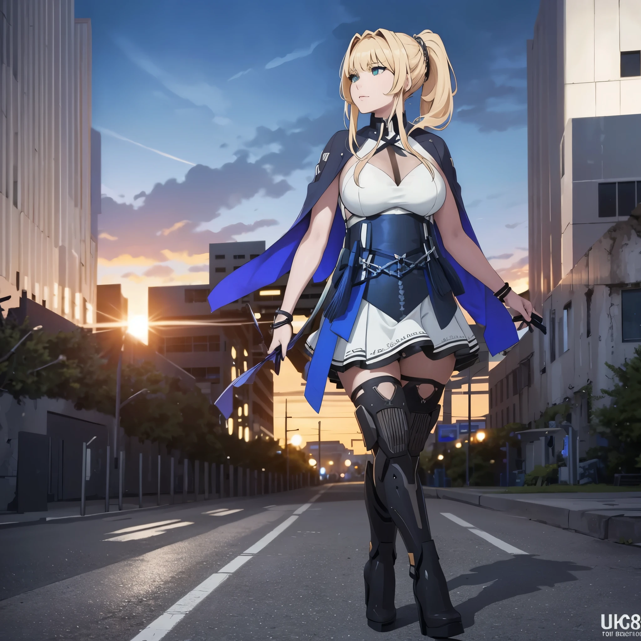 A woman wearing an open long-sleeved blue coat, white shirt, blue skirt, black tights, metal boots, big breasts, green eyes, long blonde hair, ponytail hair, metal bracelet, walking on a concrete sidewalk with the place in ruins, blurred background, background explosion.(solo woman),flower, UHD, masterpiece, accurate, anatomically correct, textured skin, super detail, high quality, best quality, 8k, high resolution, bokeh effect.
