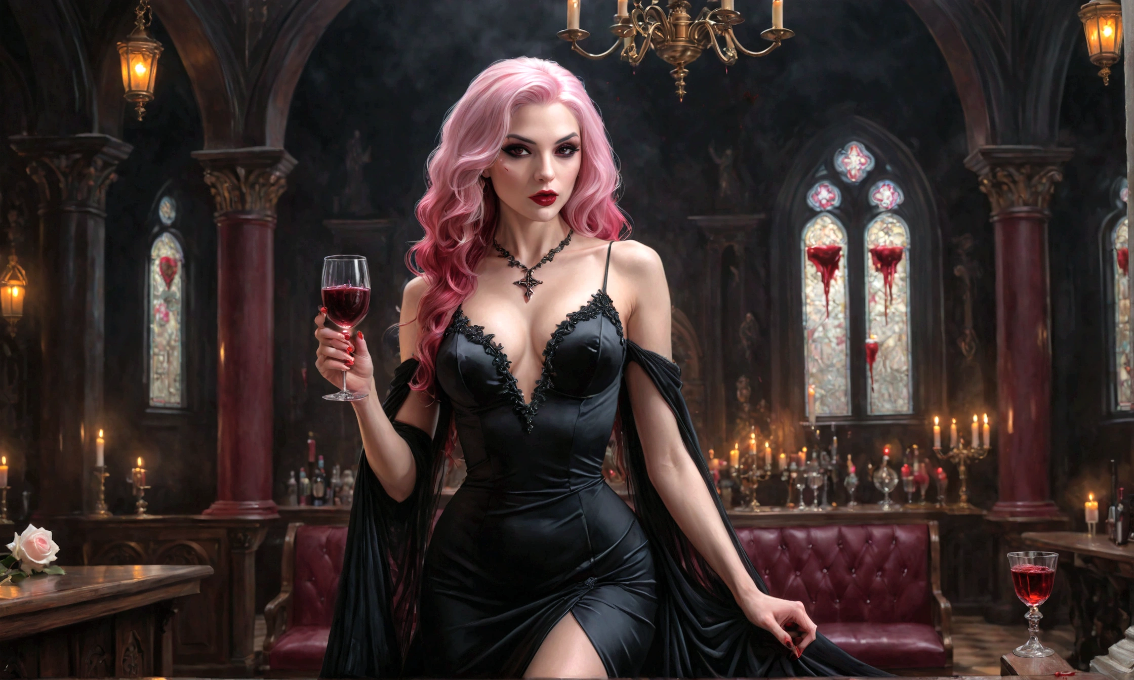 Arafed, dark fantasy art, glamour shot, award winning shot, photorealistic, a portrait of a female vampire drinking a ((glass of blood)), pink hair, long hair, red lips, glowing eyes, there is an imprint of white rose, dynamic color, she wears, an elegant (black dress: 1.5), catholic church and altar background, bar background, 16k, ultra detailed, masterpiece, best quality, (extremely detailed), Dark Art Painting Style