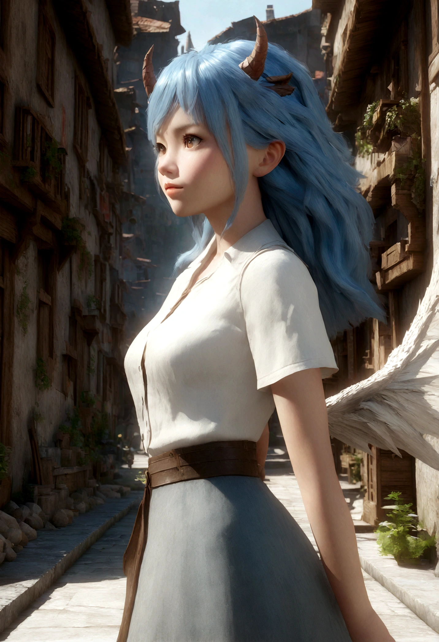 Anime girl with blue hair and horns on a street, 3D realistic anime, 2. 5 d cgi anime fantasy artwork, anime style 3d, anime style. 8k, 4k anime style, 3d style realistic anime, deviantart artstation cgscosiety, digital anime art, guweiz style art art, detailed digital anime art, white shirt, dragon wings
