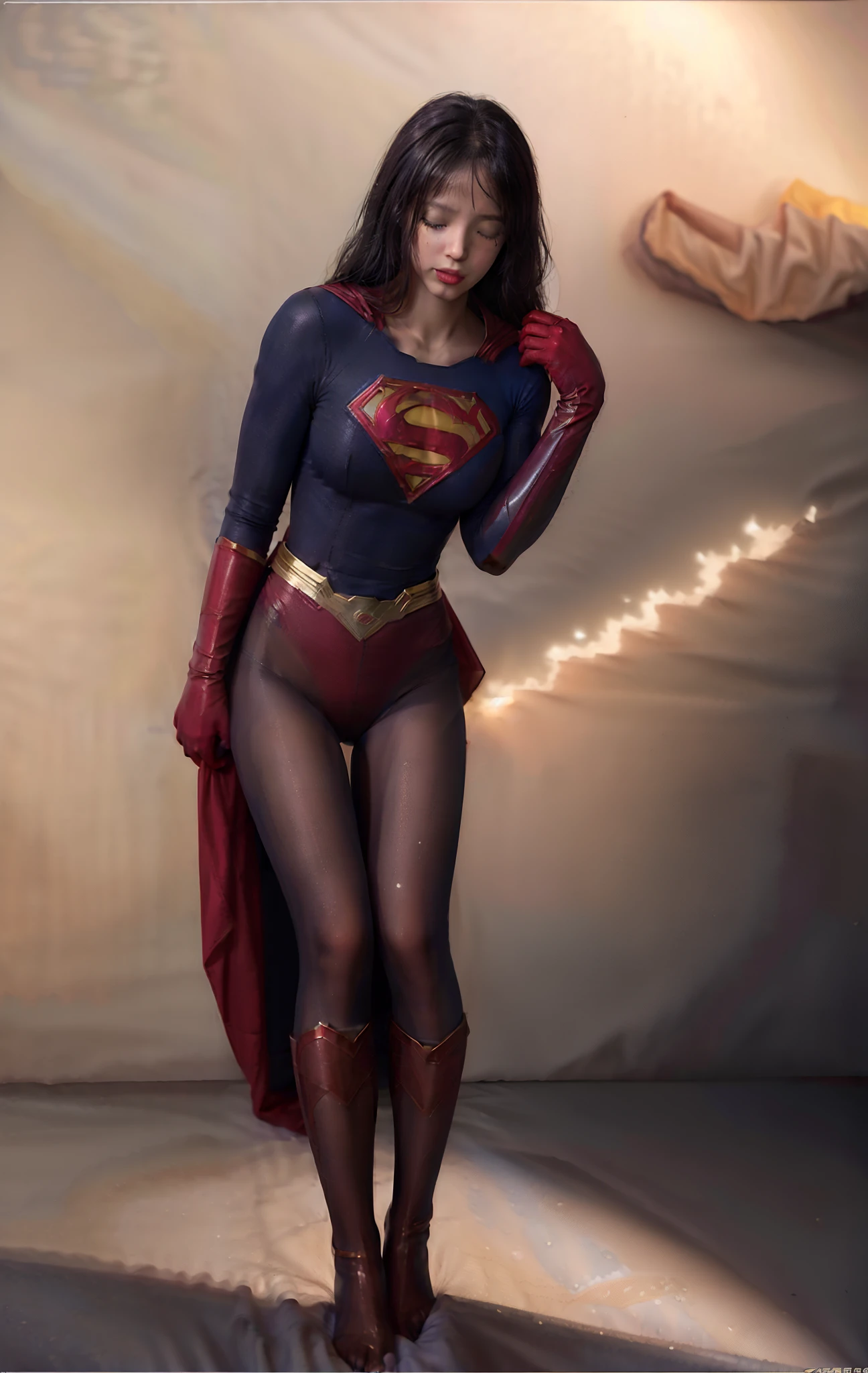 (((Make the most of your original images)))、(((Supergirl Costume)))、(((hang)))、(((close your eyes、Sleeping)))、((bra、weak legs))、(((Downward、Pushed down)))、((obtain))、((suffering))、((Doll condition))、((suffering))、(((Wear red gloves)))、(((Shiny black hair)))