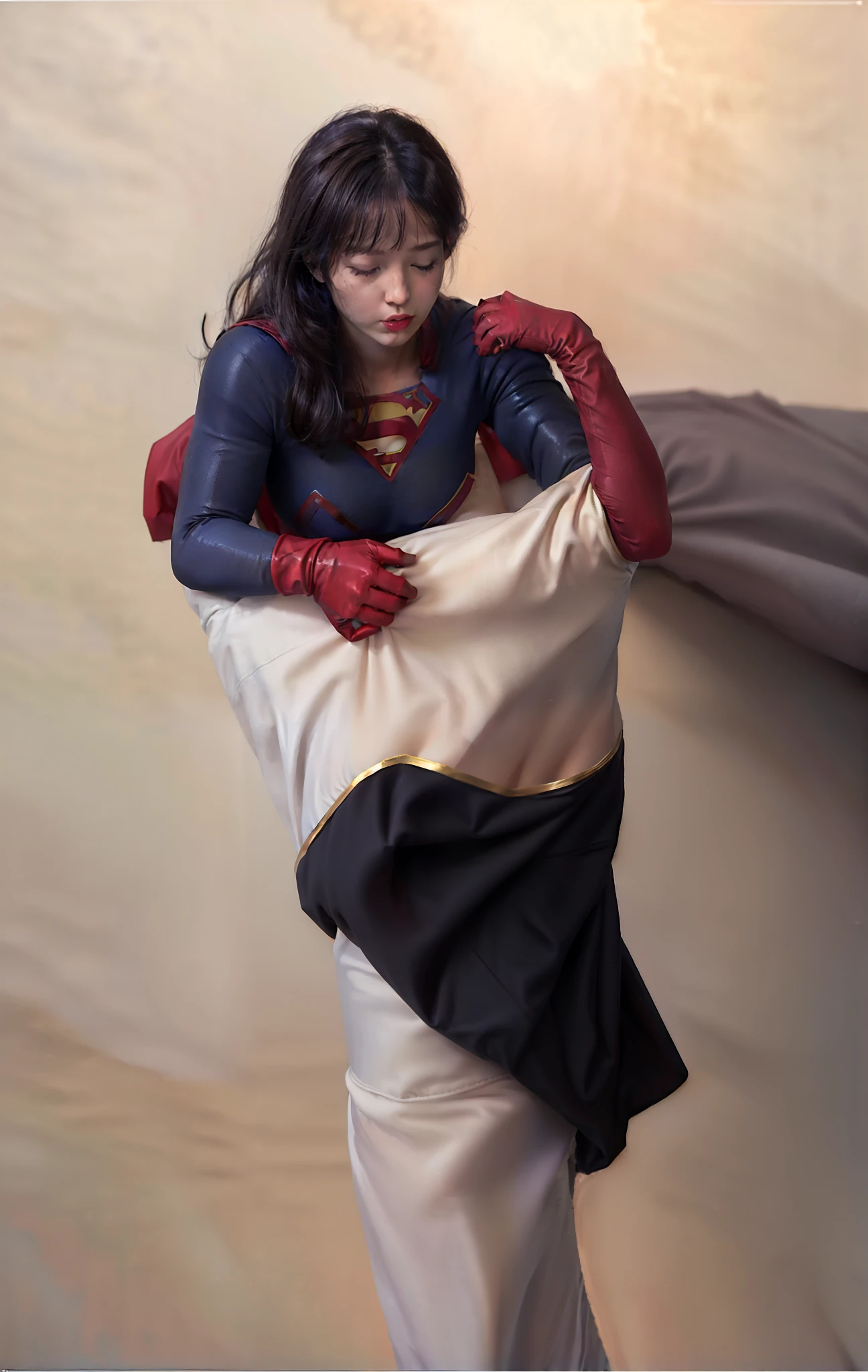 (((Make the most of your original images)))、(((Supergirl Costume)))、(((hang)))、(((close your eyes、Sleeping)))、((bra、weak legs))、(((Downward、Pushed down)))、((obtain))、((suffering))、((Doll condition))、((suffering))、(((Wear red gloves)))、(((Shiny black hair)))