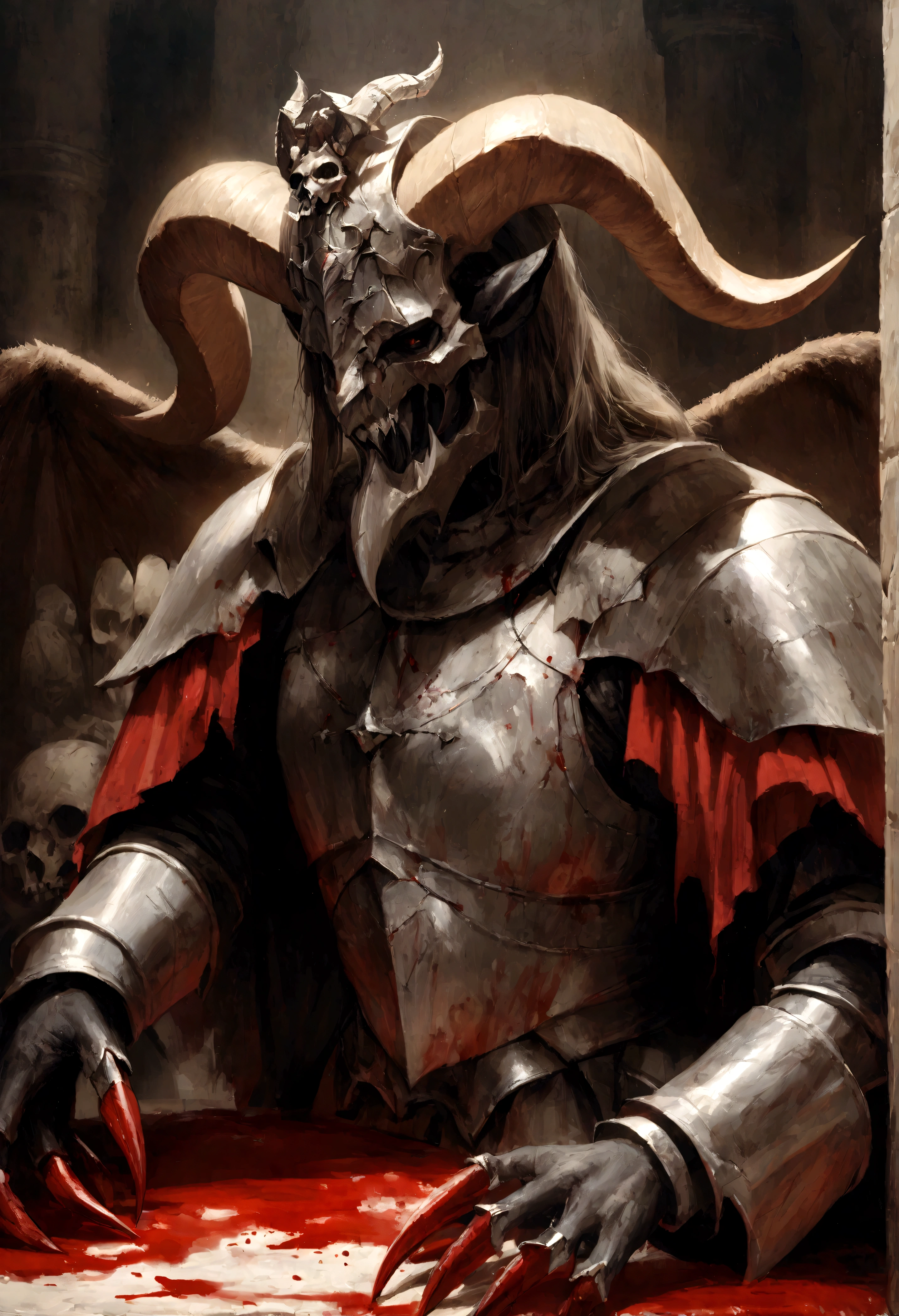 a goat-headed demon with large horns, strong and strong upper body, demon skins, skins, ((claws, wings)), demonic armor, blood splatters, skulls on the ground, standing in a blood ritual, medieval, dark room, dim light, masterpiece, realistic, oil painting