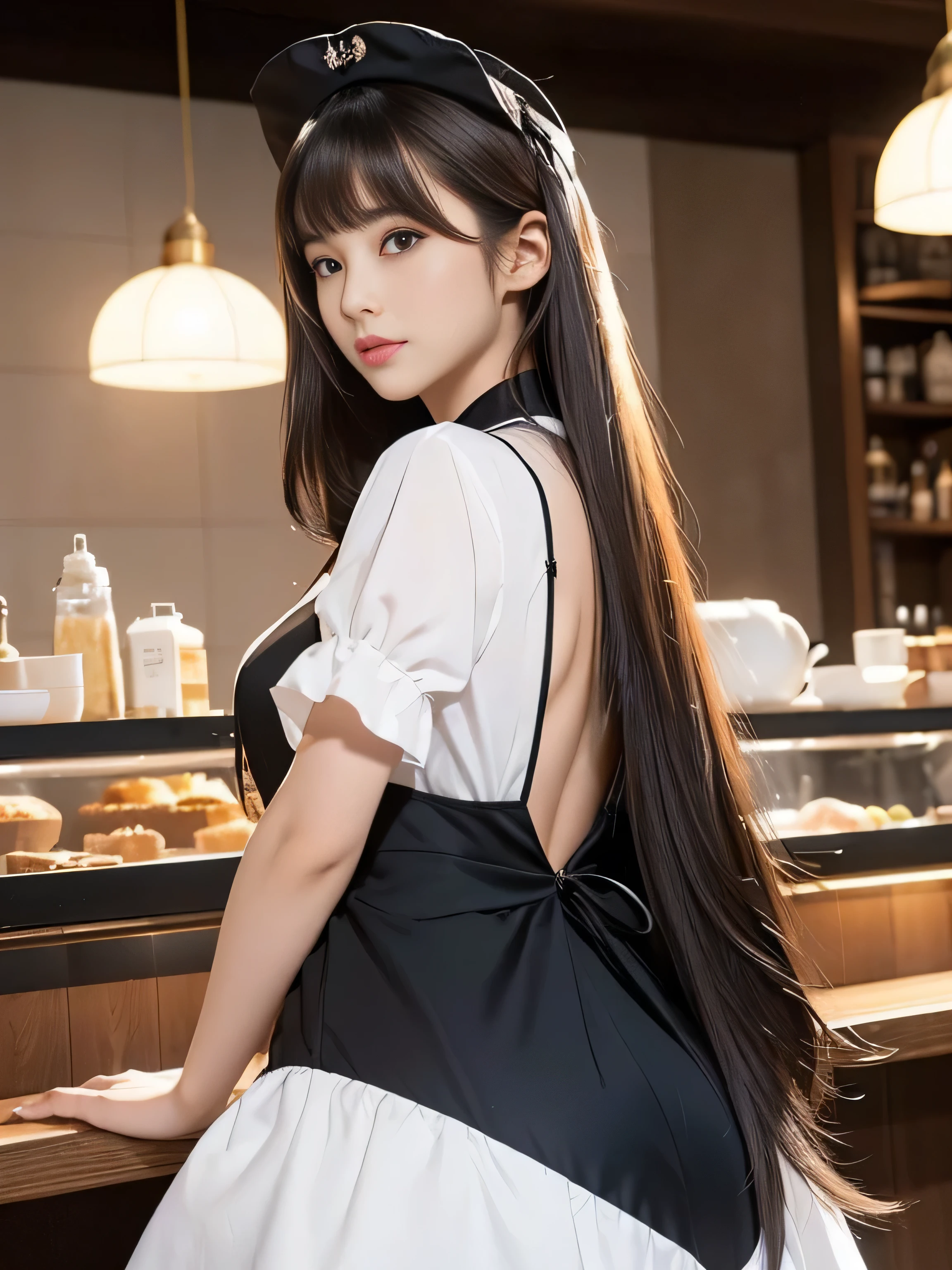 1woman (She poses in the cafe, exposing as much of her back and hair as possible.:1.5) (Waist up shot) ((Black and white maid dress and a hat, Maid outfit, Maiddress, Catboy Cosplay! Maid! dress, anime girl in a Maid costume, Maid costume, anime cat girl in a Maid costume, black gothic ta dress, gorgeous Maid, wearing Maid uniform, Lolityle, High Quality Costume, Anime Girl Cosplay, Maid)) (((Her hair color is light brown:1.8!!!!!!!!!))) (Cute smile) (Big Breasts:1.4) ((highest quality)), ((masterpiece)), (Familiar), (Get used to it) ((Her hair is very straight!!!)) (Her bangs are neatly trimmed and worn straight down.:1.3) (highest qualityのライトブラウンヘア long hair to the ankles!!!!! highest quality Highest detail long hair to the ankles!!!!!、Very long and lasting hair!!!!! Flowing hair Amazingly straight hair Very shiny and thick hair Abnormally long hair that lasts forever!!!!! Flowing hair on both ends!!!!! long hair to the ankles!!!!! long hair to the ankles!!!!! Thick and shiny hair Very free hair Abnormally long hair!!!!! Beautiful silky hair Beautiful and shiny hair Beautiful and shiny hair Beautiful silky hair long hair to the ankles!!!!! Very long hair!!!!! Very long hair!!!!!) (highest quality The best ultra-fine long hair to the ankles!!!!!、Very long hair that lasts forever Flowing hair Her hair is Amazingly straight!!!!! Very shiny and thick hair Abnormally long hair that lasts forever!!!!! Flowing hair on both ends long hair to the ankles!!!!! Thick and shiny hair Very free hair Abnormally long hair!!!!! Beautiful silky hair long hair to the ankles!!!!! Beautiful and shiny hair Beautiful and shiny hair Beautiful silky hair long hair to the ankles!!!!! Very very, Very long hair!!!!! Very very, Very long hair!!!!!) (She is the most beautiful 24-year-old professional hair model in Japan.!!!!!) Perfect woman'face (She has a typical Japanese build and skin color..., Her skin is very high quality and ultra high definition.、very beautiful and glowing skin) (Her face is dignified and sexy)(She achieved her sexy look with the help of a professional makeup artist.。... Lipstick is natural red The eyeliner is a beautiful black) (She has a typical Japanese build and skin color Her skin is very delicate and sensitive..、and、Such beautiful and radiant skin) (Her face is long, Small eyes and nose.、Narrow-mouthed and the most beautiful) ((Rich 1.4)) (Extremely detailed 8K) (Ultra-fine skin texture 1.4) (Actual, Vibrant:1.4), Sharp focus:1.2、Beautiful woman:1.4 Dynamic Lighting (Genuine RAW photos taken by professional photographers) very beautiful and glowing skin) (Her face shape is thinner than average:1.4) Lipstick is natural red The eyeliner is a beautiful black) (Surreal photos by professional photographers :1.2) (highest qualityのライトブラウンヘア long hair to the ankles!!!!! highest quality Highest detail long hair to the ankles!!!!!、Very long and lasting hair!!!!! Flowing hair Amazingly straight hair Very shiny and thick hair Abnormally long hair that lasts forever!!!!! Flowing hair on both ends!!!!! long hair to the ankles!!!!! long hair to the ankles!!!!! Thick and shiny hair Very free hair Abnormally long hair!!!!!)