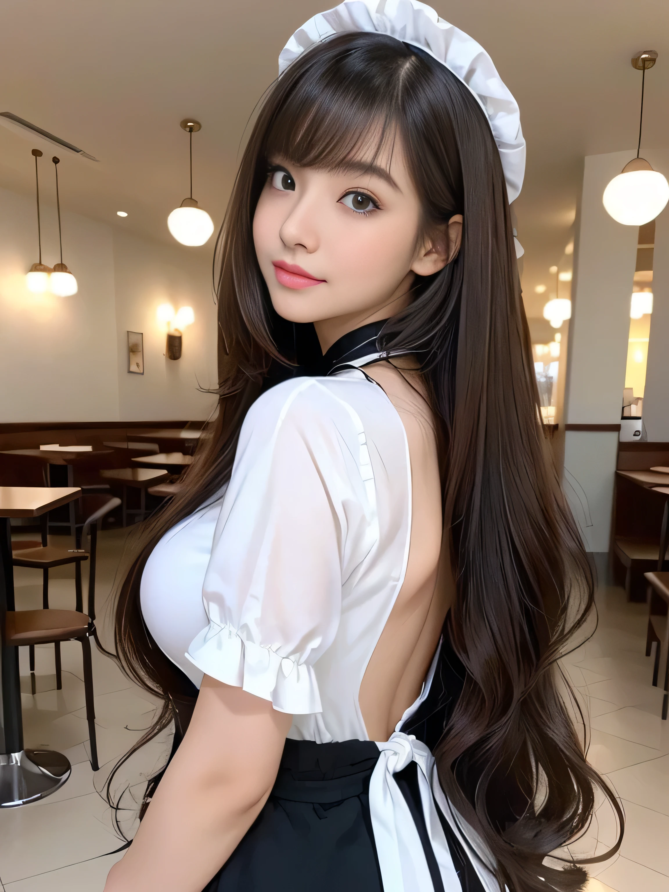 １woman　(She poses in the cafe, exposing as much of her back and hair as possible.:1.5)　(Waist up shot)　((Black and white maid dress and a hat, Maid outfit, Maiddress, Catboy Cosplay! Maid! dress, anime girl in a Maid costume, Maid costume, anime cat girl in a Maid costume, black gothic ta dress, gorgeous Maid, wearing Maid uniform, Lolityle, High Quality Costume, Anime Girl Cosplay, Maid))　(((Her hair color is light brown:1.8!!!!!!!!!)))　(Cute smile)　(Big Breasts:1.4)　((highest quality)), ((masterpiece)), (Familiar), (Get used to it)　((Her hair is very straight!!!))　(Her bangs are neatly trimmed and worn straight down.:1.3)　(highest qualityのライトブラウンヘア　long hair to the ankles!!!!!　highest quality　Highest detail　long hair to the ankles!!!!!、Very long and lasting hair!!!!!　Flowing hair　Amazingly straight hair　Very shiny and thick hair　Abnormally long hair that lasts forever!!!!!　Flowing hair on both ends!!!!!　long hair to the ankles!!!!!　long hair to the ankles!!!!!　Thick and shiny hair　Very free hair　Abnormally long hair!!!!!　Beautiful silky hair　Beautiful and shiny hair　Beautiful and shiny hair　Beautiful silky hair　long hair to the ankles!!!!!　Very long hair!!!!!　Very long hair!!!!!)　(highest quality　The best ultra-fine　long hair to the ankles!!!!!、Very long hair that lasts forever　Flowing hair　Her hair is Amazingly straight!!!!!　Very shiny and thick hair　Abnormally long hair that lasts forever!!!!!　Flowing hair on both ends　long hair to the ankles!!!!!　Thick and shiny hair　Very free hair　Abnormally long hair!!!!!　Beautiful silky hair　long hair to the ankles!!!!!　Beautiful and shiny hair　Beautiful and shiny hair　Beautiful silky hair　long hair to the ankles!!!!!　Very very, Very long hair!!!!!　Very very, Very long hair!!!!!)　(She is the most beautiful 24-year-old professional hair model in Japan.!!!!!)　Perfect woman&#39;face　(She has a typical Japanese build and skin color..., Her skin is very high quality and ultra high definition.、very beautiful and glowing skin)　(Her face is dignified and sexy)（She achieved her sexy look with the help of a professional makeup artist.。...　Lipstick is natural red　The eyeliner is a beautiful black)　(She has a typical Japanese build and skin color　Her skin is very delicate and sensitive..、and、Such beautiful and radiant skin)　(Her face is long, Small eyes and nose.、Narrow-mouthed　and the most beautiful)　((Rich 1.4))　(Extremely detailed 8K)　(Ultra-fine skin texture 1.4)　(Actual, Vibrant:1.4), 　Sharp focus:1.2、Beautiful woman:1.4　Dynamic Lighting　(Genuine RAW photos taken by professional photographers)　very beautiful and glowing skin)　(Her face shape is thinner than average:1.4)　Lipstick is natural red　The eyeliner is a beautiful black)　(Surreal photos by professional photographers :1.2)　(highest qualityのライトブラウンヘア　long hair to the ankles!!!!!　highest quality　Highest detail　long hair to the ankles!!!!!、Very long and lasting hair!!!!!　Flowing hair　Amazingly straight hair　Very shiny and thick hair　Abnormally long hair that lasts forever!!!!!　Flowing hair on both ends!!!!!　long hair to the ankles!!!!!　long hair to the ankles!!!!!　Thick and shiny hair　Very free hair　Abnormally long hair!!!!!)