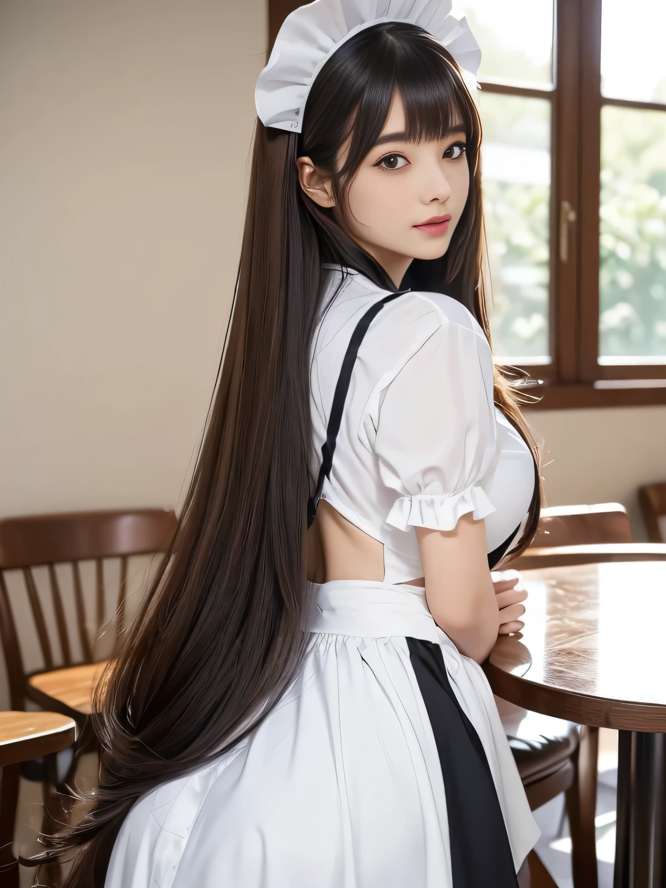 1woman (She poses in the cafe, exposing as much of her back and hair as possible.:1.5) (Waist up shot) ((Black and white maid dress and a hat, Maid outfit, Maiddress, Catboy Cosplay! Maid! dress, anime girl in a Maid costume, Maid costume, anime cat girl in a Maid costume, black gothic lolita dress, gorgeous Maid, wearing Maid uniform, Lolita Style, High Quality Costume, Anime Girl Cosplay, Maid)) (((Her hair color is light brown:1.8!!!!!!!!!))) (Cute smile) (Big Breasts:1.4) ((highest quality)), ((masterpiece)), (Familiar), (Get used to it) ((Her hair is very straight!!!)) (Her bangs are neatly trimmed and worn straight down.:1.3) (highest qualityのライトブラウンヘア long hair to the ankles!!!!! highest quality Highest detail long hair to the ankles!!!!!、Very long and lasting hair!!!!! Flowing hair Amazingly straight hair Very shiny and thick hair Abnormally long hair that lasts forever!!!!! Flowing hair on both ends!!!!! long hair to the ankles!!!!! long hair to the ankles!!!!! Thick and shiny hair Very free hair Abnormally long hair!!!!! Beautiful silky hair Beautiful and shiny hair Beautiful and shiny hair Beautiful silky hair long hair to the ankles!!!!! Very long hair!!!!! Very long hair!!!!!) (highest quality The best ultra-fine long hair to the ankles!!!!!、Very long hair that lasts forever Flowing hair Her hair is Amazingly straight!!!!! Very shiny and thick hair Abnormally long hair that lasts forever!!!!! Flowing hair on both ends long hair to the ankles!!!!! Thick and shiny hair Very free hair Abnormally long hair!!!!! Beautiful silky hair long hair to the ankles!!!!! Beautiful and shiny hair Beautiful and shiny hair Beautiful silky hair long hair to the ankles!!!!! Very very, Very long hair!!!!! Very very, Very long hair!!!!!) (She is the most beautiful 24-year-old professional hair model in Japan.!!!!!) Perfect woman'face (She has a typical Japanese build and skin color..., Her skin is very high quality and ultra high definition.、very beautiful and glowing skin) (Her face is dignified and sexy)(She achieved her sexy look with the help of a professional makeup artist.。... Lipstick is natural red The eyeliner is a beautiful black) (She has a typical Japanese build and skin color Her skin is very delicate and sensitive..、and、Such beautiful and radiant skin) (Her face is long, Small eyes and nose.、Narrow-mouthed and the most beautiful) ((Rich 1.4)) (Extremely detailed 8K) (Ultra-fine skin texture 1.4) (Actual, Vibrant:1.4), Sharp focus:1.2、Beautiful woman:1.4 Dynamic Lighting (Genuine RAW photos taken by professional photographers) very beautiful and glowing skin) (Her face shape is thinner than average:1.4) Lipstick is natural red The eyeliner is a beautiful black) (Surreal photos by professional photographers :1.2) (highest qualityのライトブラウンヘア long hair to the ankles!!!!! highest quality Highest detail long hair to the ankles!!!!!、Very long and lasting hair!!!!! Flowing hair Amazingly straight hair Very shiny and thick hair Abnormally long hair that lasts forever!!!!! Flowing hair on both ends!!!!! long hair to the ankles!!!!! long hair to the ankles!!!!! Thick and shiny hair Very free hair Abnormally long hair!!!!!)