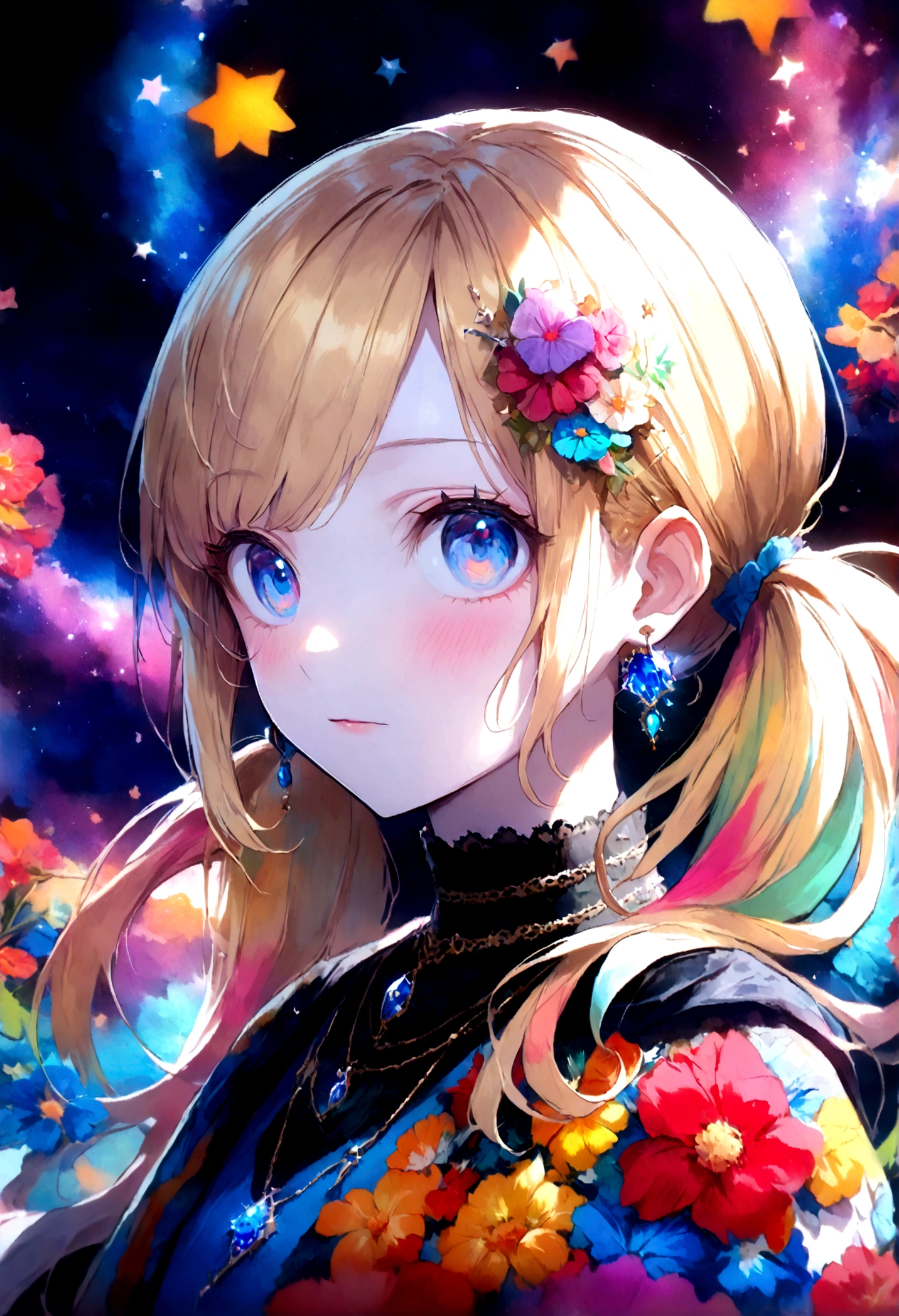 Rodymark, Top Quality, Masterpiece, 1 Female, Solo, (Abstract Art: 1.4), (Psychedelic Theme: 1.6), (Ultramarine World: 1.5), (Lots of Creatures: 1.5), (Space World: 1.5), (At the Center of the World is the Most Beautiful Woman in the World), (Lots of Stars Falling: 1.5), A ray of light spreads, crystals spreading from the center, Prisma (Nostalgic Landscape: 1.5), (Colorful Flowers: 1.5), Garden Girl, Absurd, Super Detailed, Bright Colors, Very Beautiful Detailed Anime Face and Eyes, Short Hair, Asymmetrical Bangs, Blonde Hair in Short Twin Tails, Shiny Hair, Delicate and Beautiful Face, Red Blushes, Blue Eyes, White Skin, Hair Clip, Earrings, Necklace,