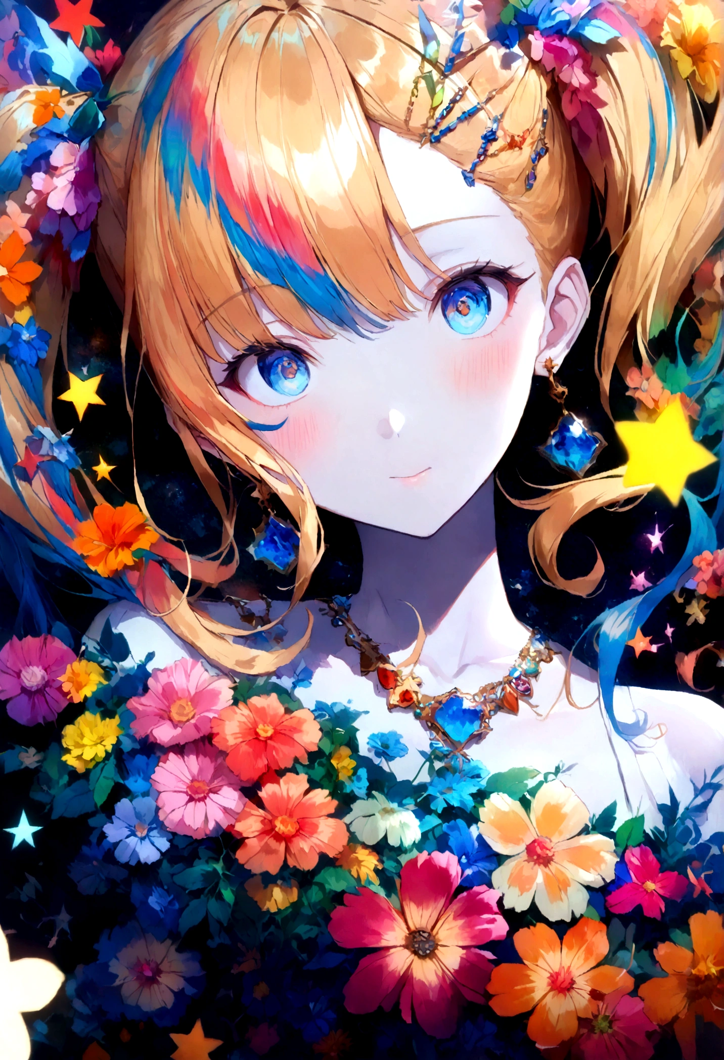 Rodymark, Top Quality, Masterpiece, 1 Female, Solo, (Abstract Art: 1.4), (Psychedelic Theme: 1.6), (Ultramarine World: 1.5), (Lots of Creatures: 1.5), (Space World: 1.5), (At the Center of the World is the Most Beautiful Woman in the World), (Lots of Stars Falling: 1.5), A ray of light spreads, crystals spreading from the center, Prisma (Nostalgic Landscape: 1.5), (Colorful Flowers: 1.5), Garden Girl, Absurd, Super Detailed, Bright Colors, Very Beautiful Detailed Anime Face and Eyes, Short Hair, Asymmetrical Bangs, Blonde Hair in Short Twin Tails, Shiny Hair, Delicate and Beautiful Face, Red Blushes, Blue Eyes, White Skin, Hair Clip, Earrings, Necklace,