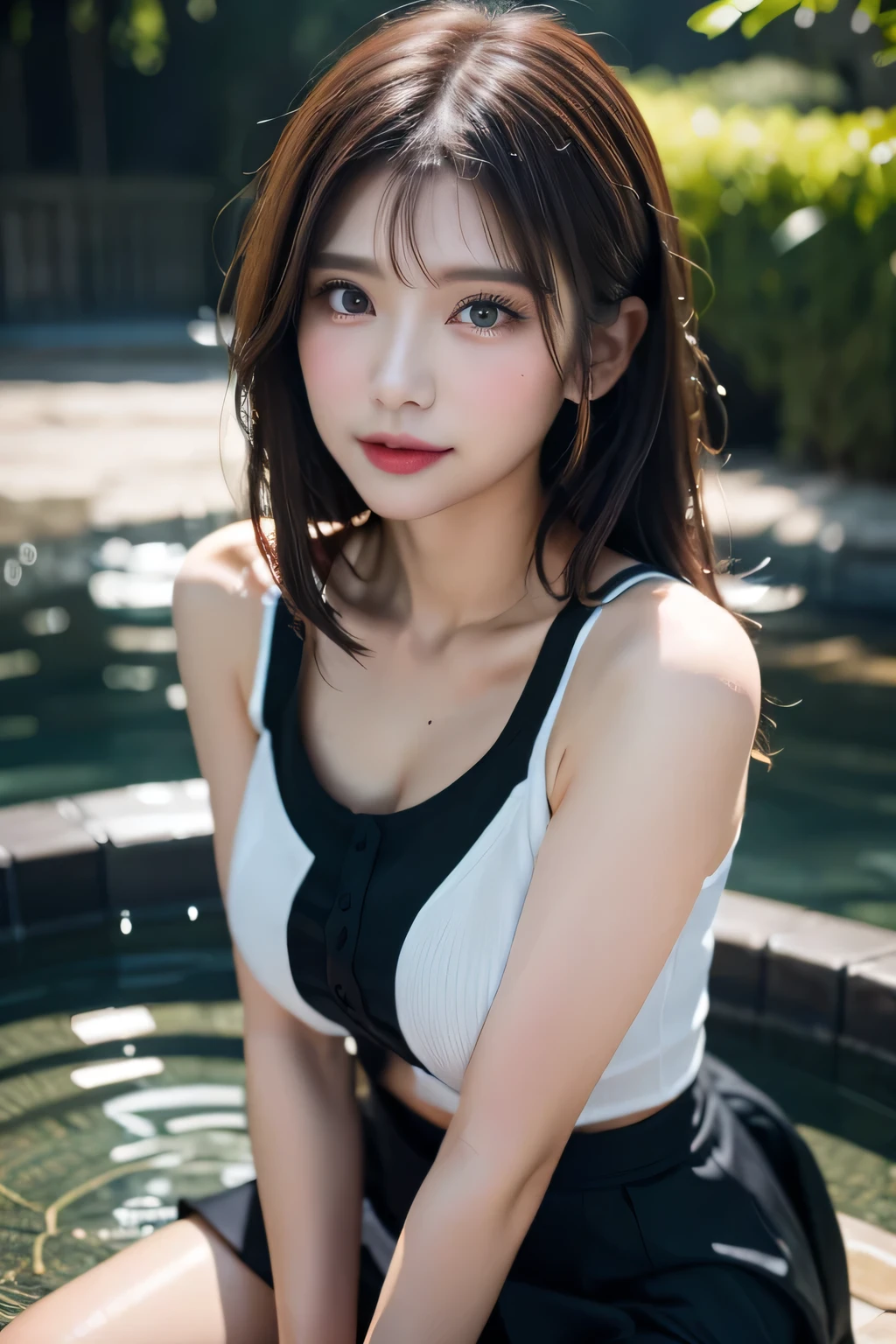 , (Riverbank:1.3), (Natural Lip), Natural Hair, Natural Makeup,((bank:1.3))),A revealing skirt、(Reddish brown wet shiny hair)、hairpin、hair ornaments、Blushing cheeks、Pointed red mouth、Big Breasts、Perfect body curves、Beautiful clavicle、Wet Hair、Wet Face、Wet body、Wet Skin、Wet costume、Detailed clothing features、Detailed hair features、Detailed facial features、Looking into the camera、(Dynamic Angle)、(Dynamic and sexy pose) )、Cinema Lightasterpiece、highest quality、Ultra-high resolution output images、Write Boundary Depth、Intricate details、Add depth to your subject with contrast between light and shadow、)、Digital Illustration、Single-lens reflex camera、(Realistic:1.3)、(8K quality、Anatomically correct facial structure、)、(Picture Mode Ultra HD、)