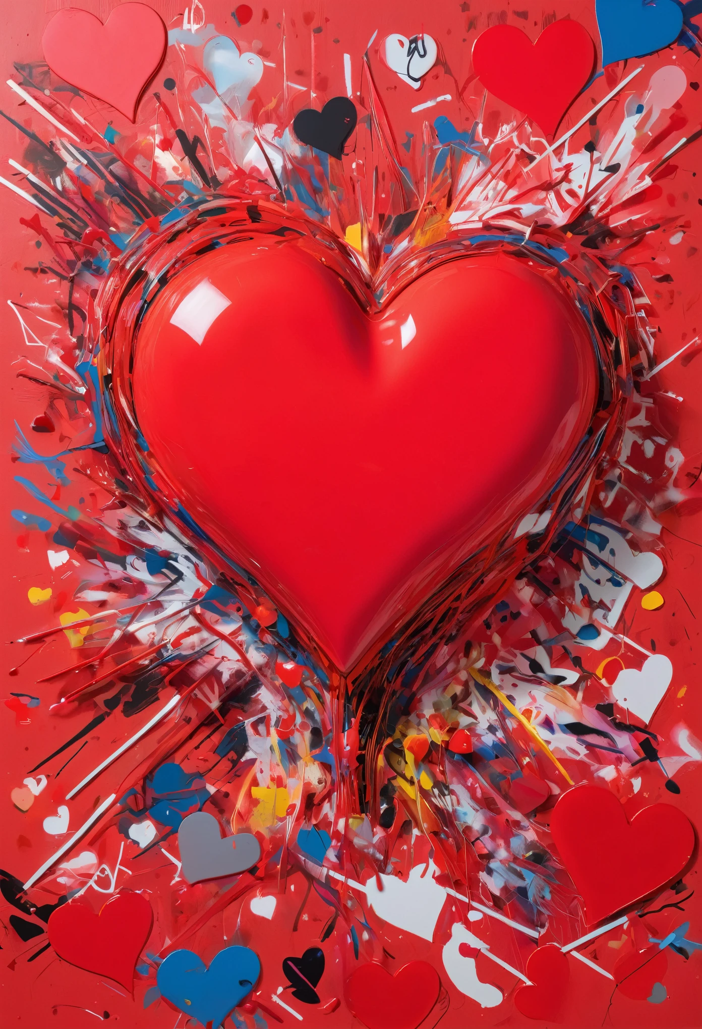 Graffiti, scribble, Comics by Petra Cortright, best quality, masterpiece, 3d red heart artwork, Representative work, official art, Professional, Ultra intricate detailed, 8k, 3d red heart art, colourful background